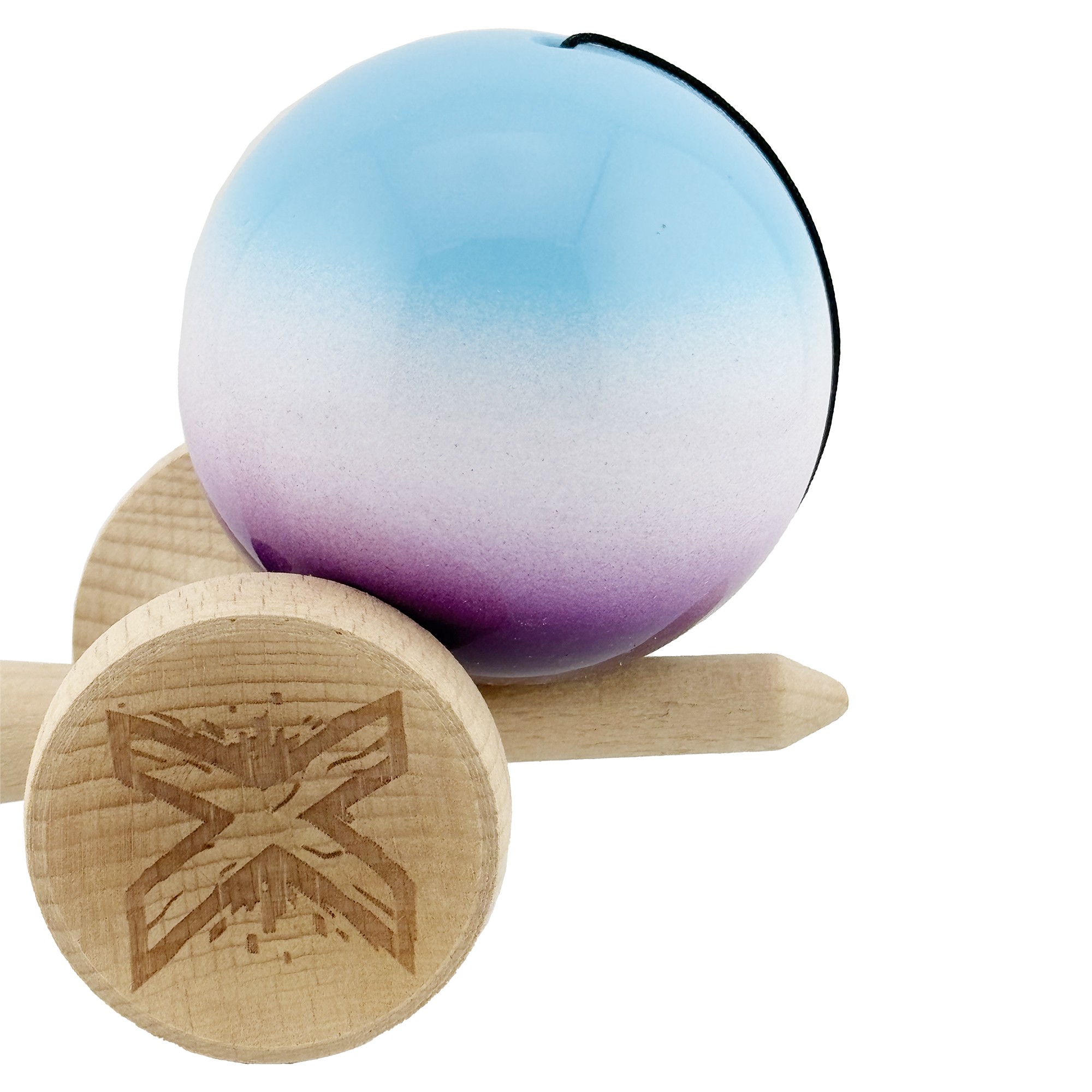 Kendama X Originala, Profesionala, Flippy, Big Cups V2, Super Sticky cu Cupe Mari, din lemn 18 cm, Rulment Metalic cu Ata 55 cm, Albastru/Alb/Mov