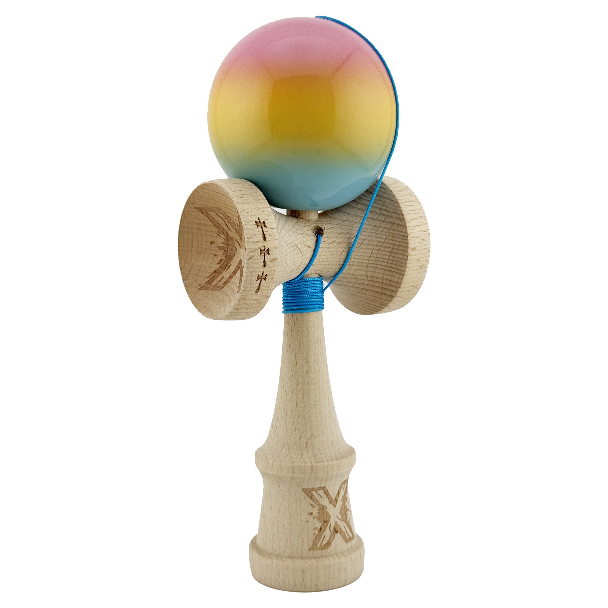 Kendama X Originala, Profesionala, Flippy, Big Cups V2, Super Sticky cu Cupe Mari, din lemn 18 cm, Rulment Metalic cu Ata 55 cm, Roz/Galben/Albastru