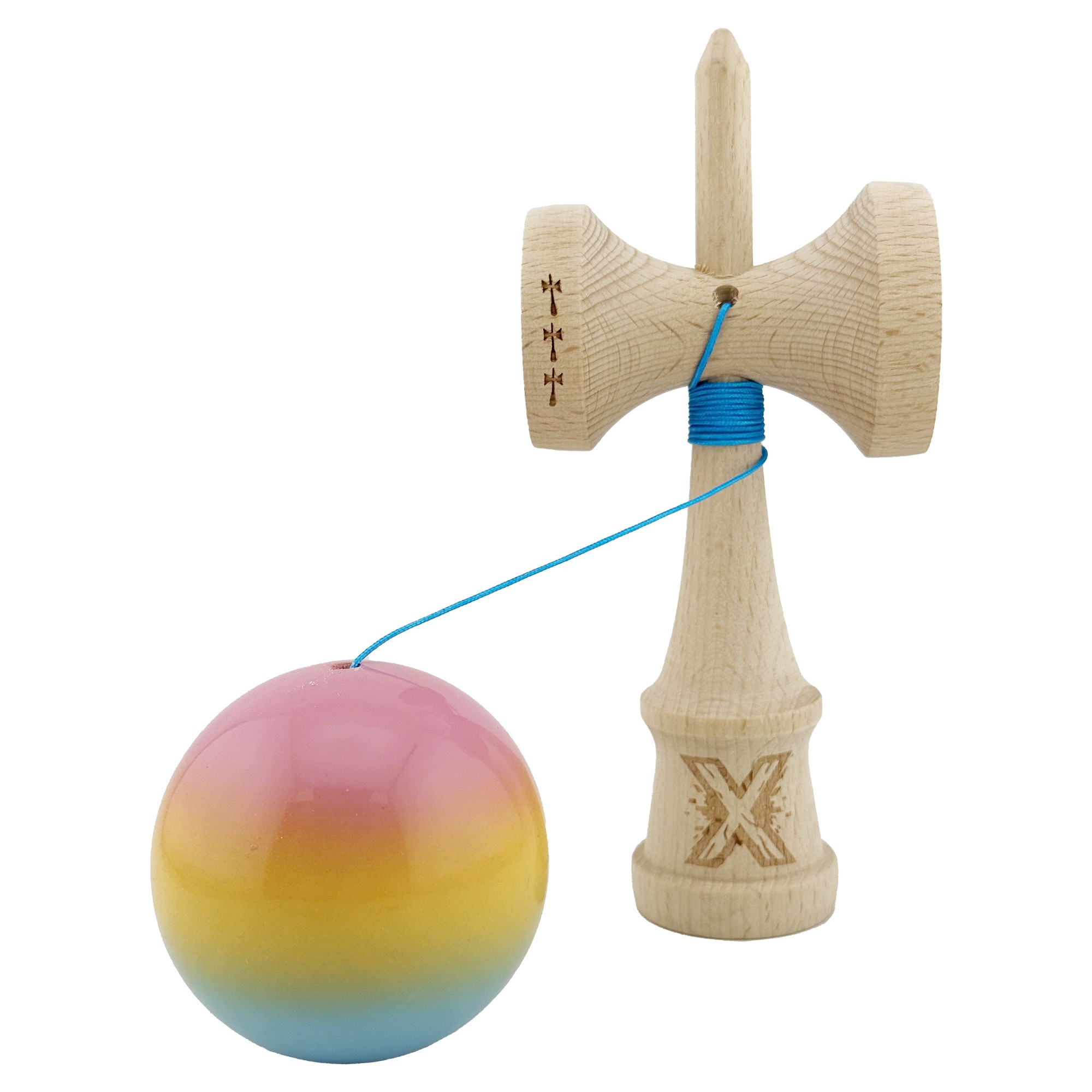 Kendama X Originala, Profesionala, Flippy, Big Cups V2, Super Sticky cu Cupe Mari, din lemn 18 cm, Rulment Metalic cu Ata 55 cm, Roz/Galben/Albastru