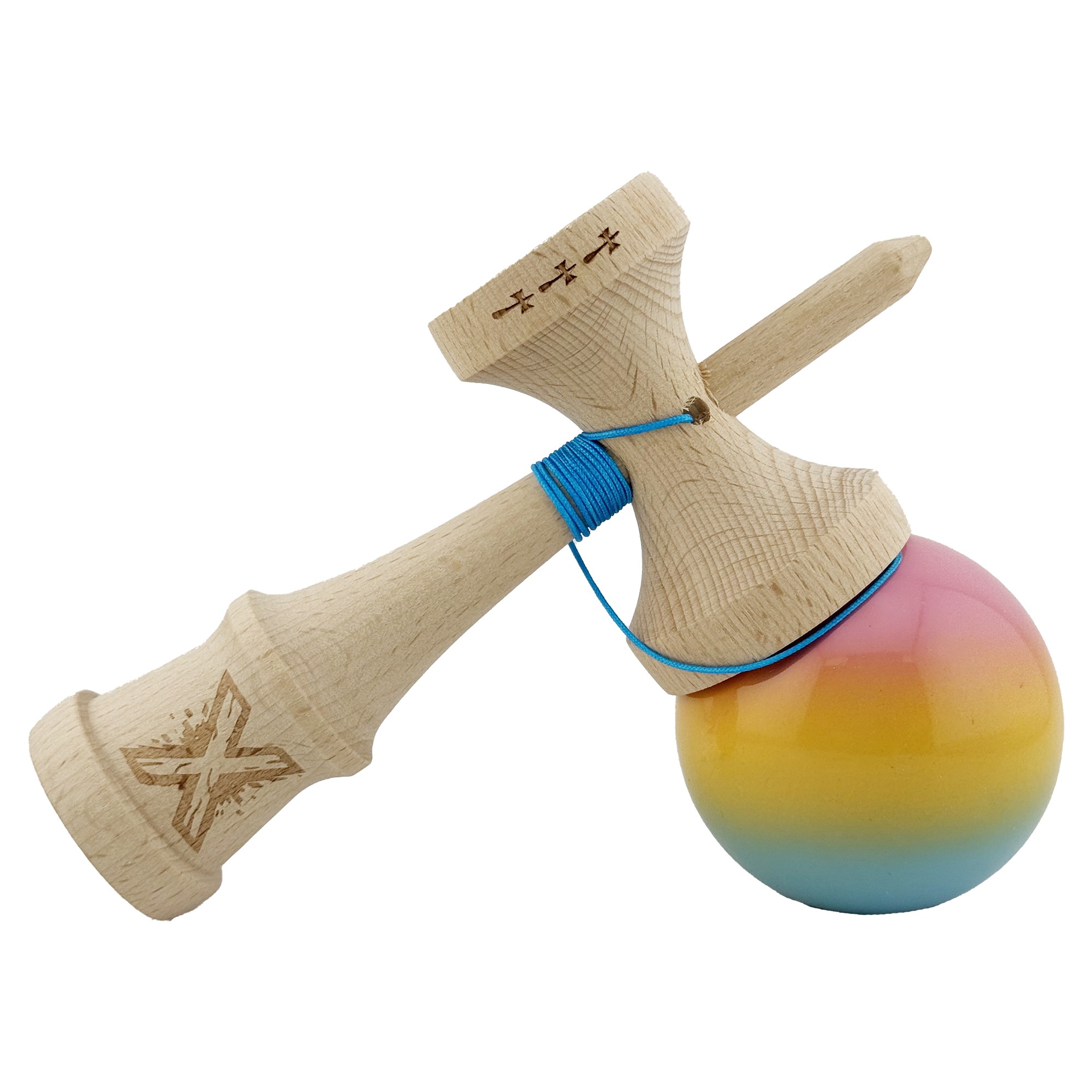 Kendama X Originala, Profesionala, Flippy, Big Cups V2, Super Sticky cu Cupe Mari, din lemn 18 cm, Rulment Metalic cu Ata 55 cm, Roz/Galben/Albastru