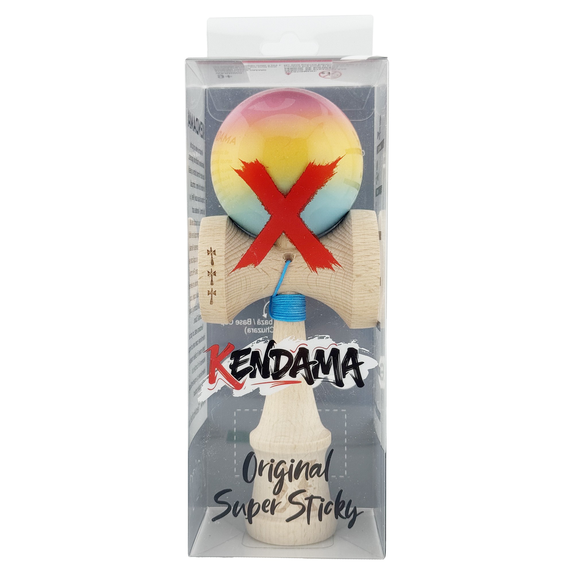 Kendama X Originala, Profesionala, Flippy, Big Cups V2, Super Sticky cu Cupe Mari, din lemn 18 cm, Rulment Metalic cu Ata 55 cm, Roz/Galben/Albastru
