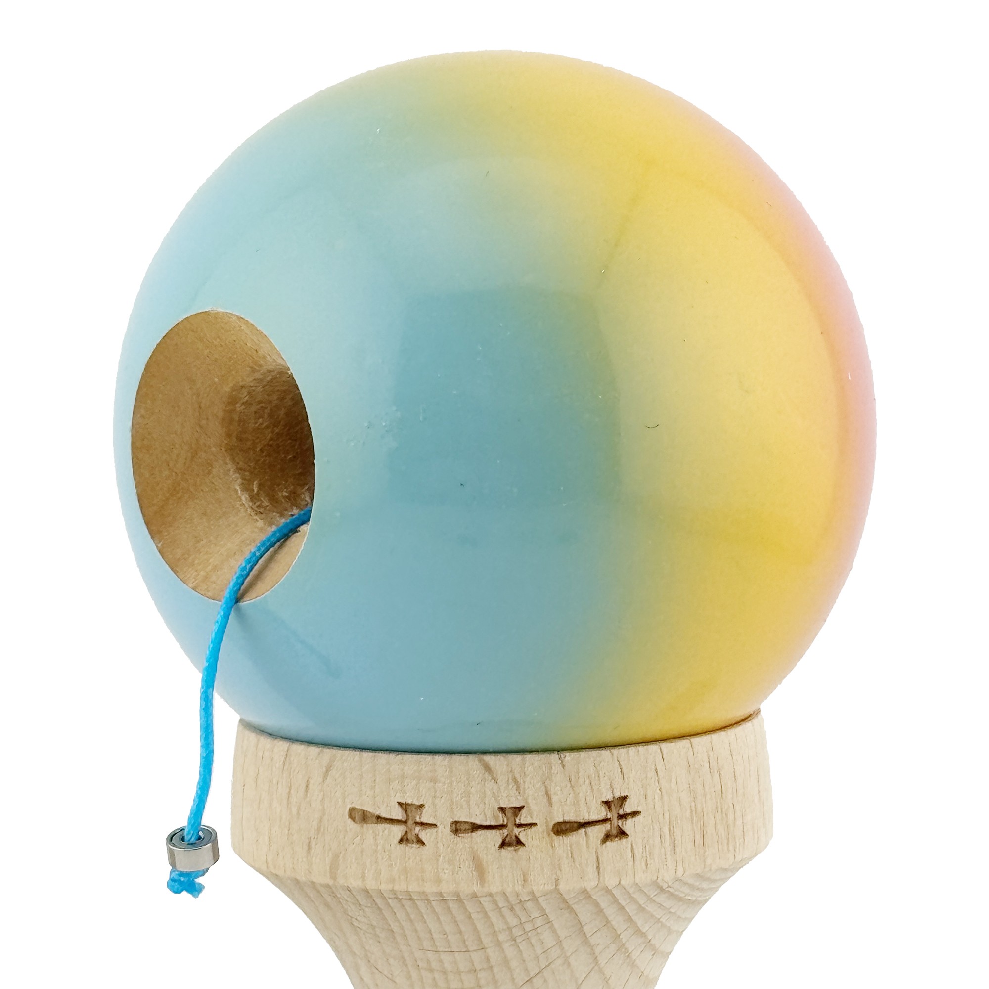 Kendama X Originala, Profesionala, Flippy, Big Cups V2, Super Sticky cu Cupe Mari, din lemn 18 cm, Rulment Metalic cu Ata 55 cm, Roz/Galben/Albastru
