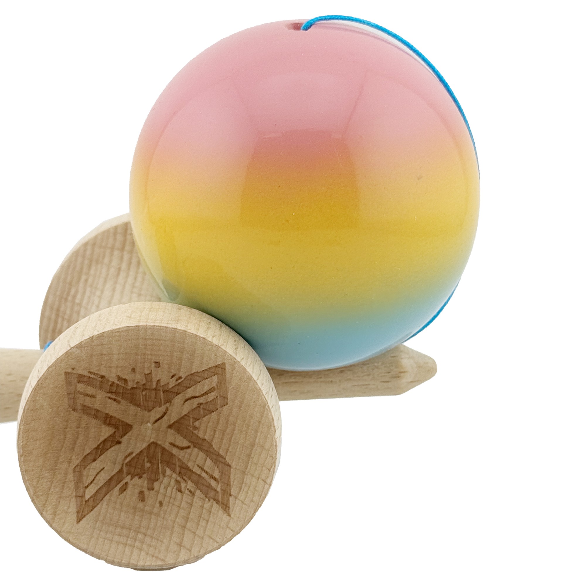 Kendama X Originala, Profesionala, Flippy, Big Cups V2, Super Sticky cu Cupe Mari, din lemn 18 cm, Rulment Metalic cu Ata 55 cm, Roz/Galben/Albastru