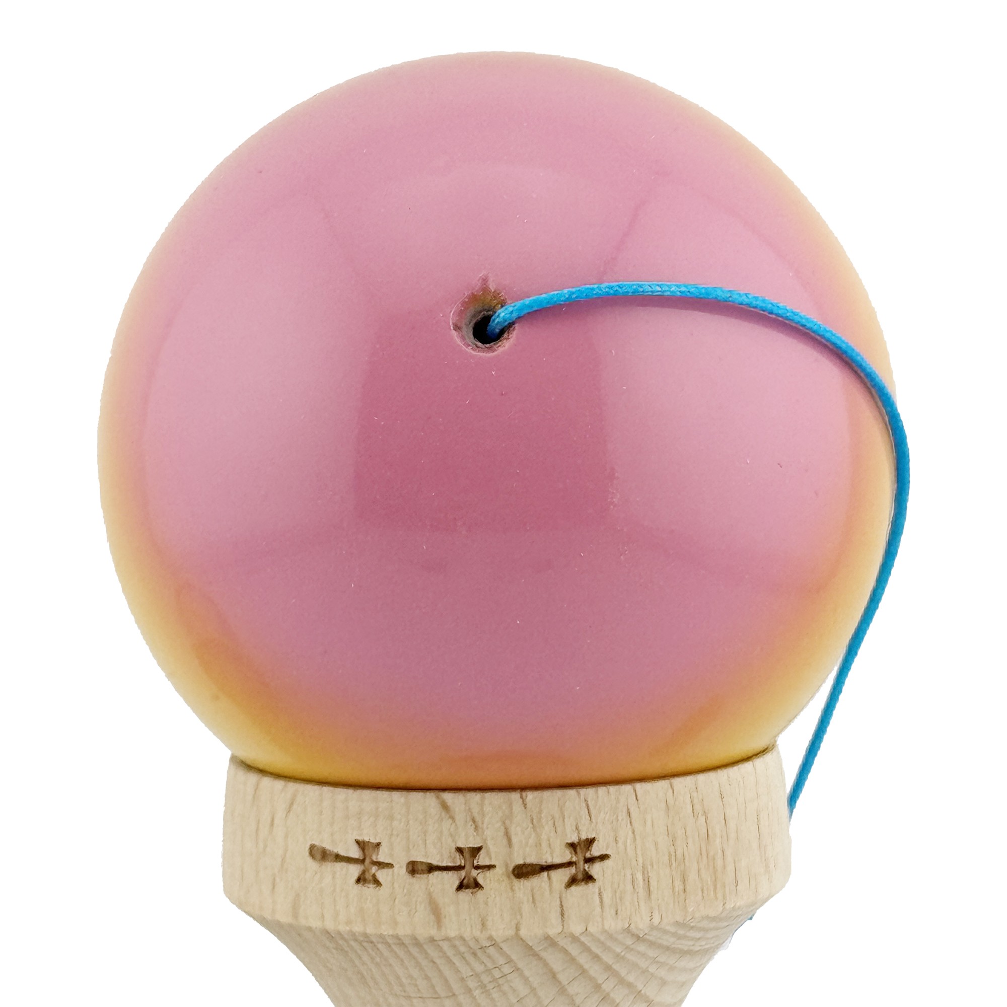 Kendama X Originala, Profesionala, Flippy, Big Cups V2, Super Sticky cu Cupe Mari, din lemn 18 cm, Rulment Metalic cu Ata 55 cm, Roz/Galben/Albastru