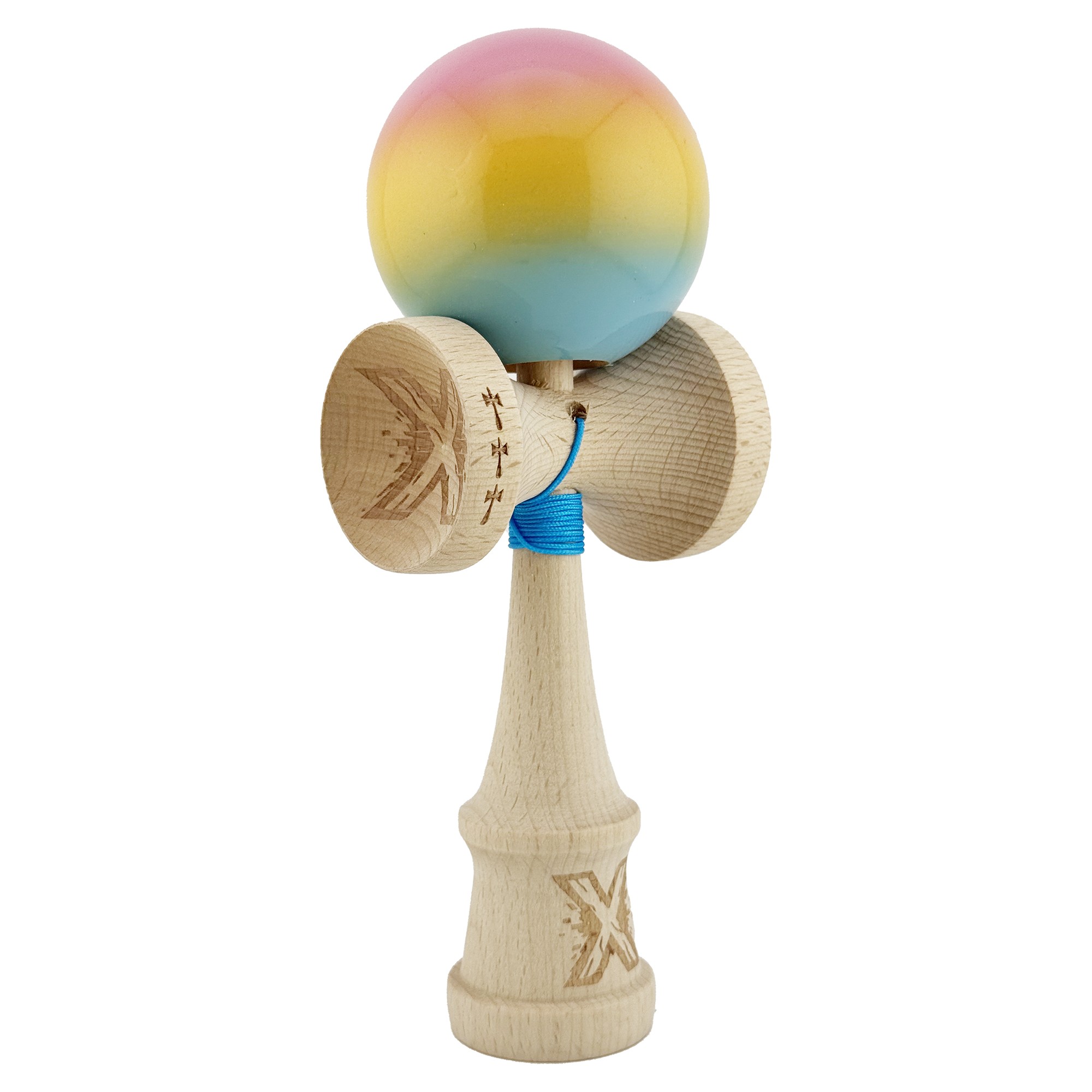 Kendama X Originala, Profesionala, Flippy, Big Cups V2, Super Sticky cu Cupe Mari, din lemn 18 cm, Rulment Metalic cu Ata 55 cm, Roz/Galben/Albastru