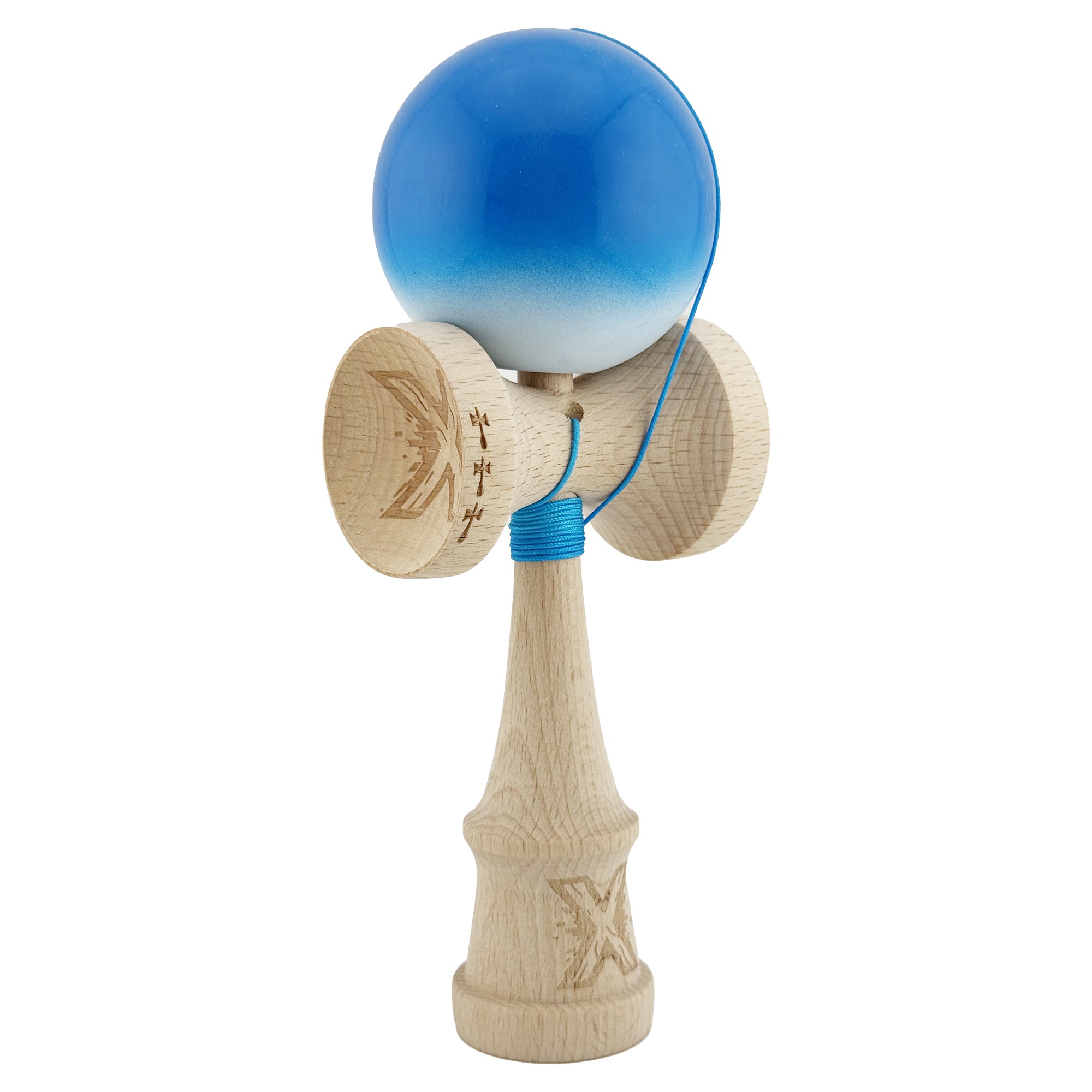 Kendama X Originala, Profesionala, Flippy, Big Cups V2, Super Sticky cu Cupe Mari, din lemn 18 cm, Rulment Metalic cu Ata 55 cm, Albastru/Alb