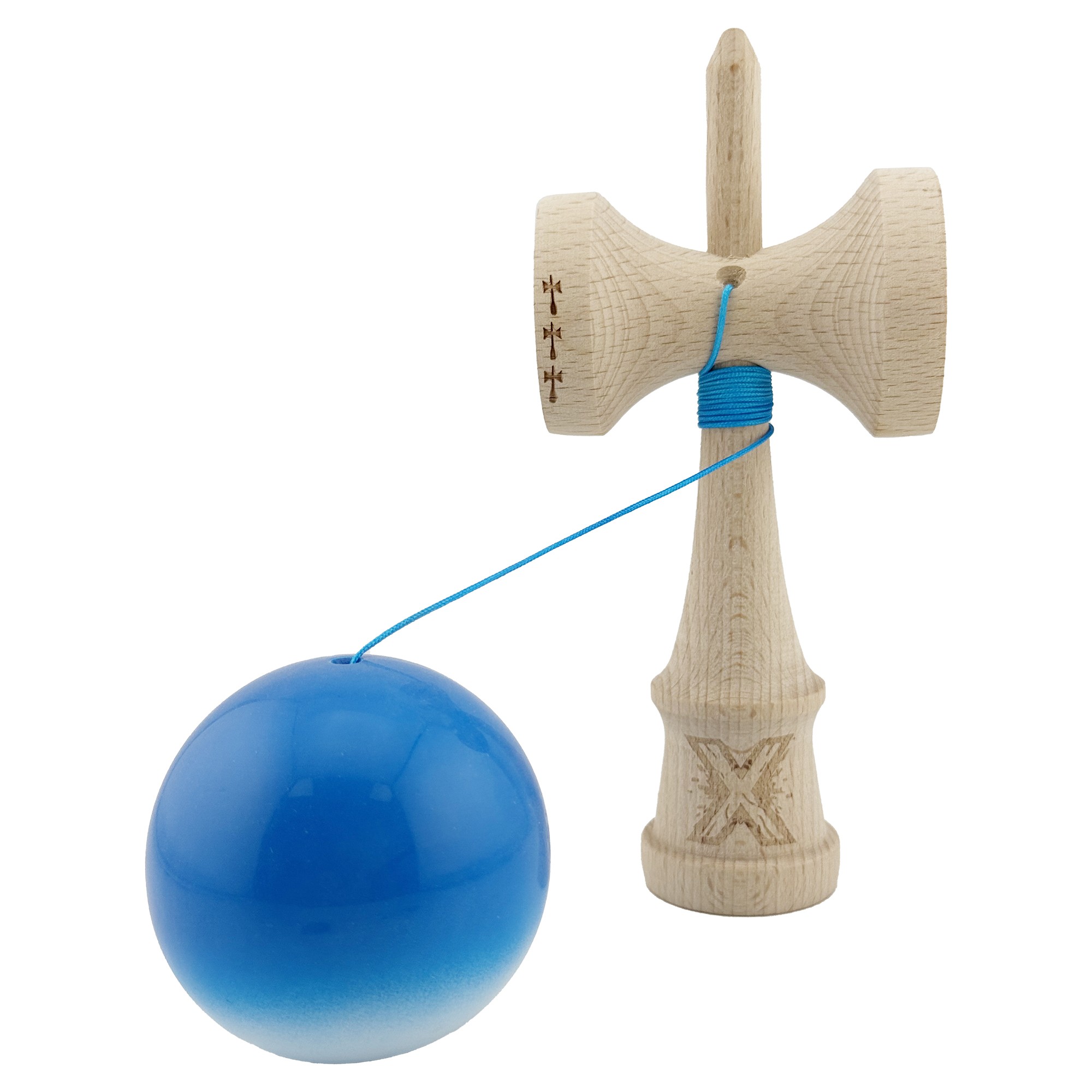 Kendama X Originala, Profesionala, Flippy, Big Cups V2, Super Sticky cu Cupe Mari, din lemn 18 cm, Rulment Metalic cu Ata 55 cm, Albastru/Alb