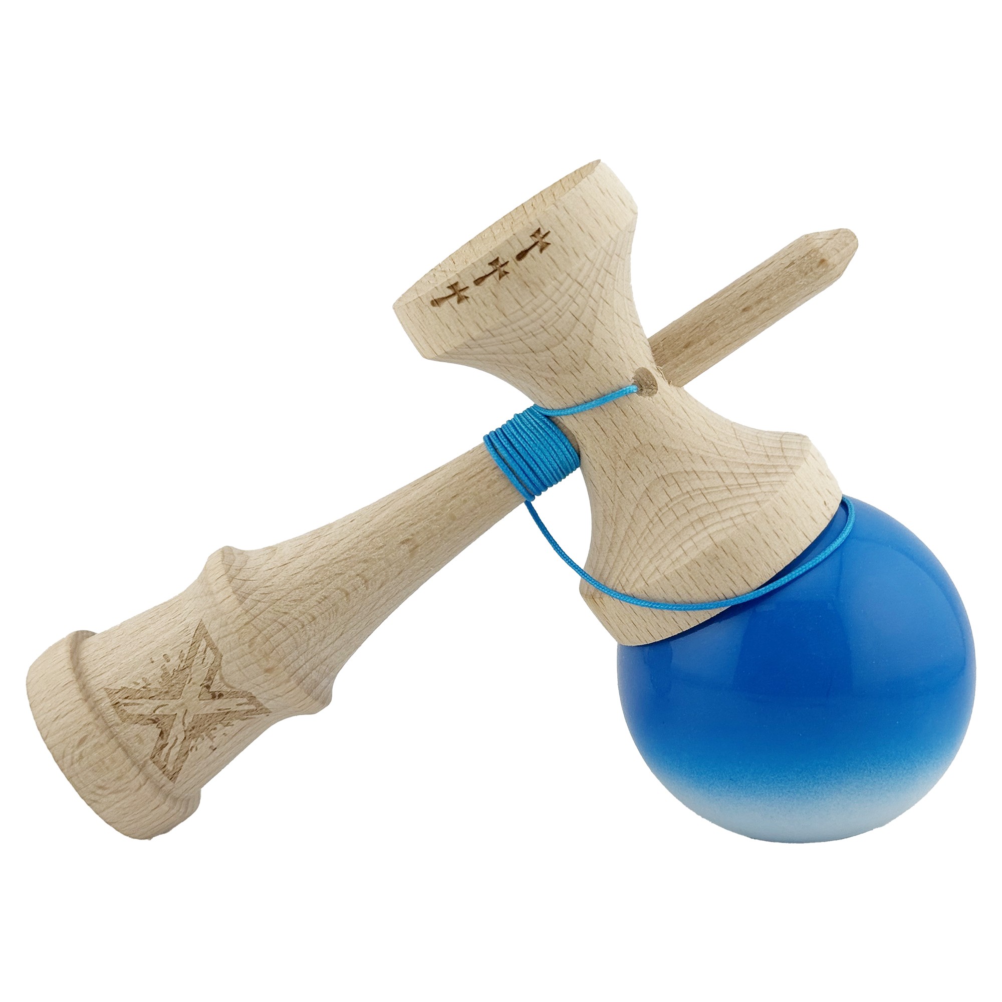 Kendama X Originala, Profesionala, Flippy, Big Cups V2, Super Sticky cu Cupe Mari, din lemn 18 cm, Rulment Metalic cu Ata 55 cm, Albastru/Alb