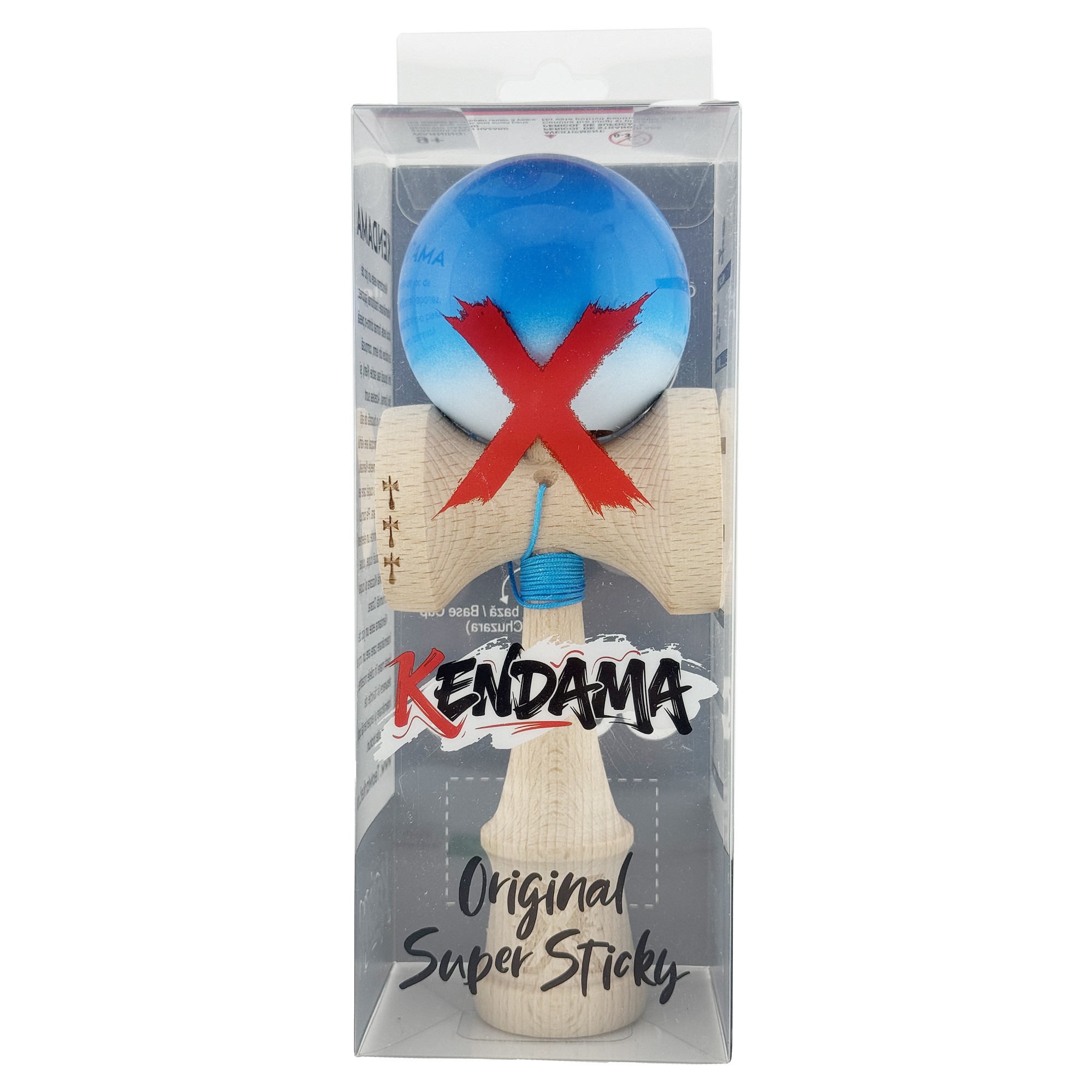 Kendama X Originala, Profesionala, Flippy, Big Cups V2, Super Sticky cu Cupe Mari, din lemn 18 cm, Rulment Metalic cu Ata 55 cm, Albastru/Alb