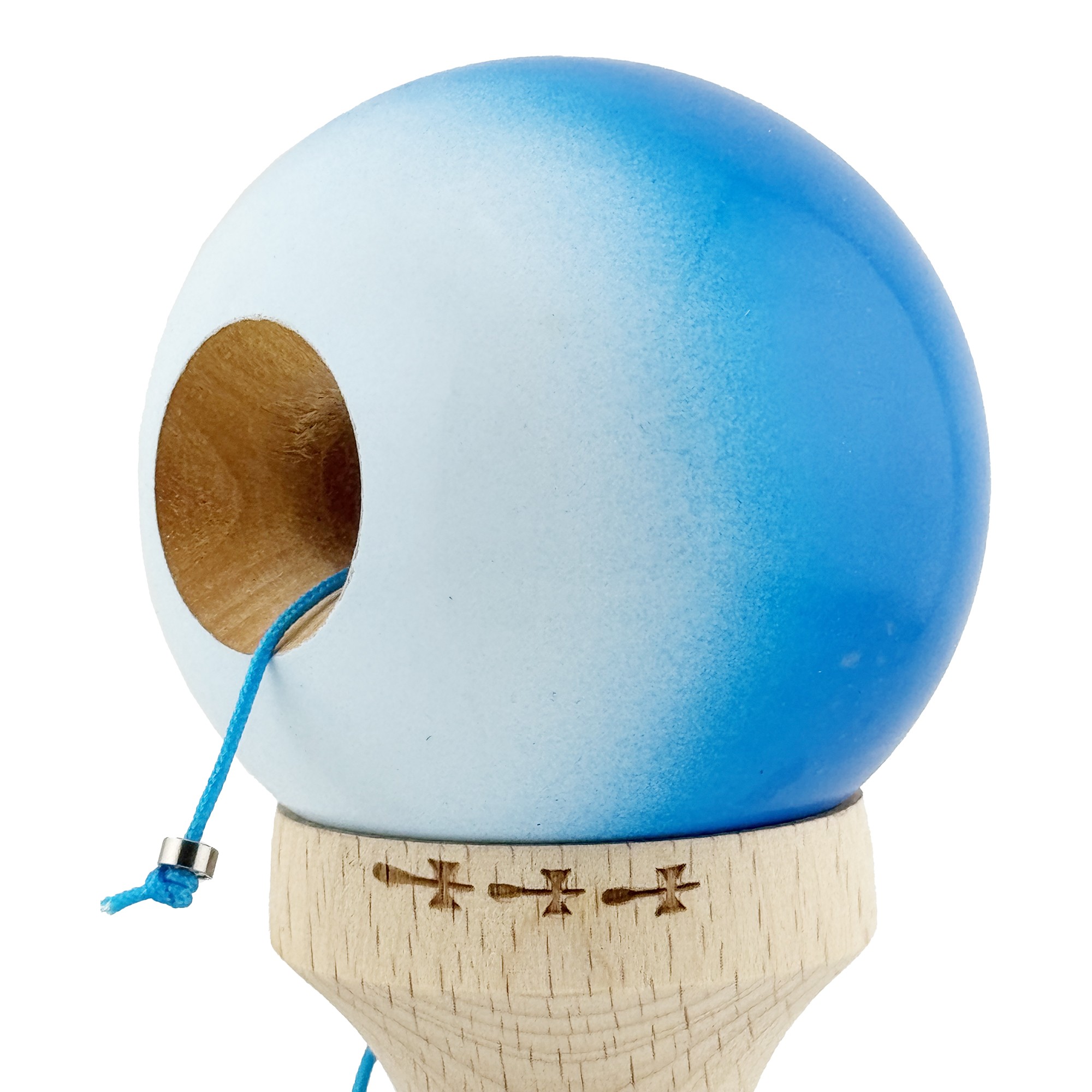 Kendama X Originala, Profesionala, Flippy, Big Cups V2, Super Sticky cu Cupe Mari, din lemn 18 cm, Rulment Metalic cu Ata 55 cm, Albastru/Alb