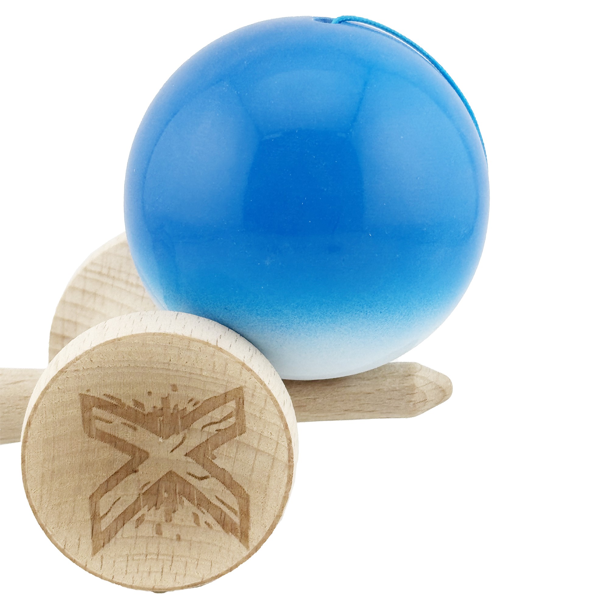 Kendama X Originala, Profesionala, Flippy, Big Cups V2, Super Sticky cu Cupe Mari, din lemn 18 cm, Rulment Metalic cu Ata 55 cm, Albastru/Alb