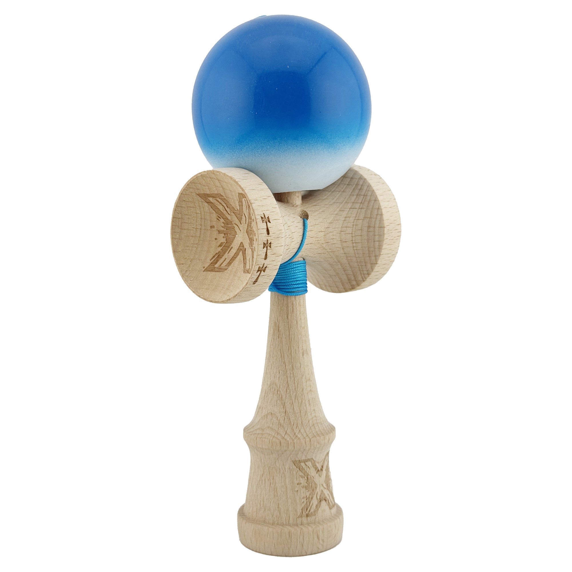 Kendama X Originala, Profesionala, Flippy, Big Cups V2, Super Sticky cu Cupe Mari, din lemn 18 cm, Rulment Metalic cu Ata 55 cm, Albastru/Alb