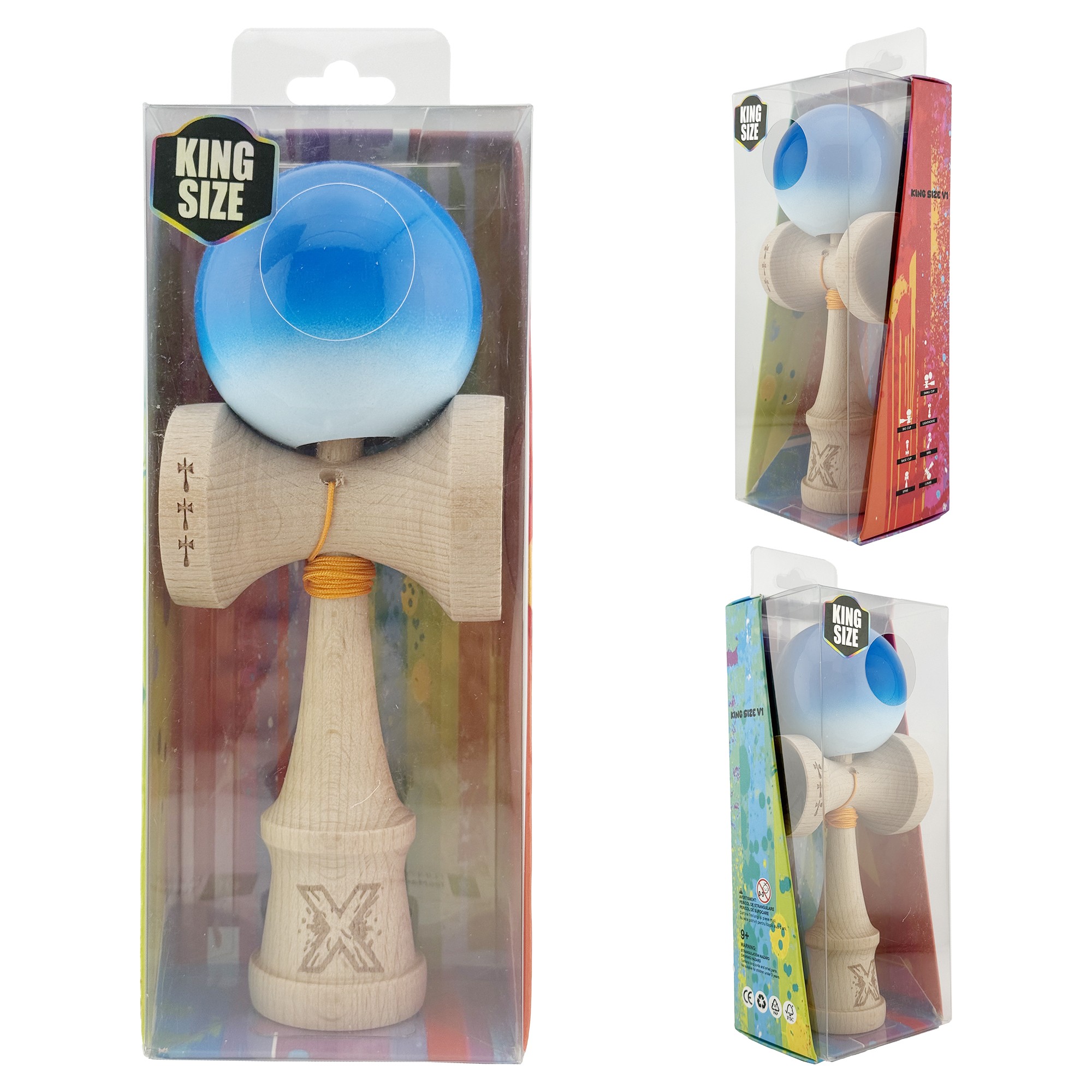 Kendama X Originala, Profesionala, Flippy, Big Cups V2, Super Sticky cu Cupe Mari, din lemn 18 cm, Rulment Metalic cu Ata 55 cm, Albastru/Alb