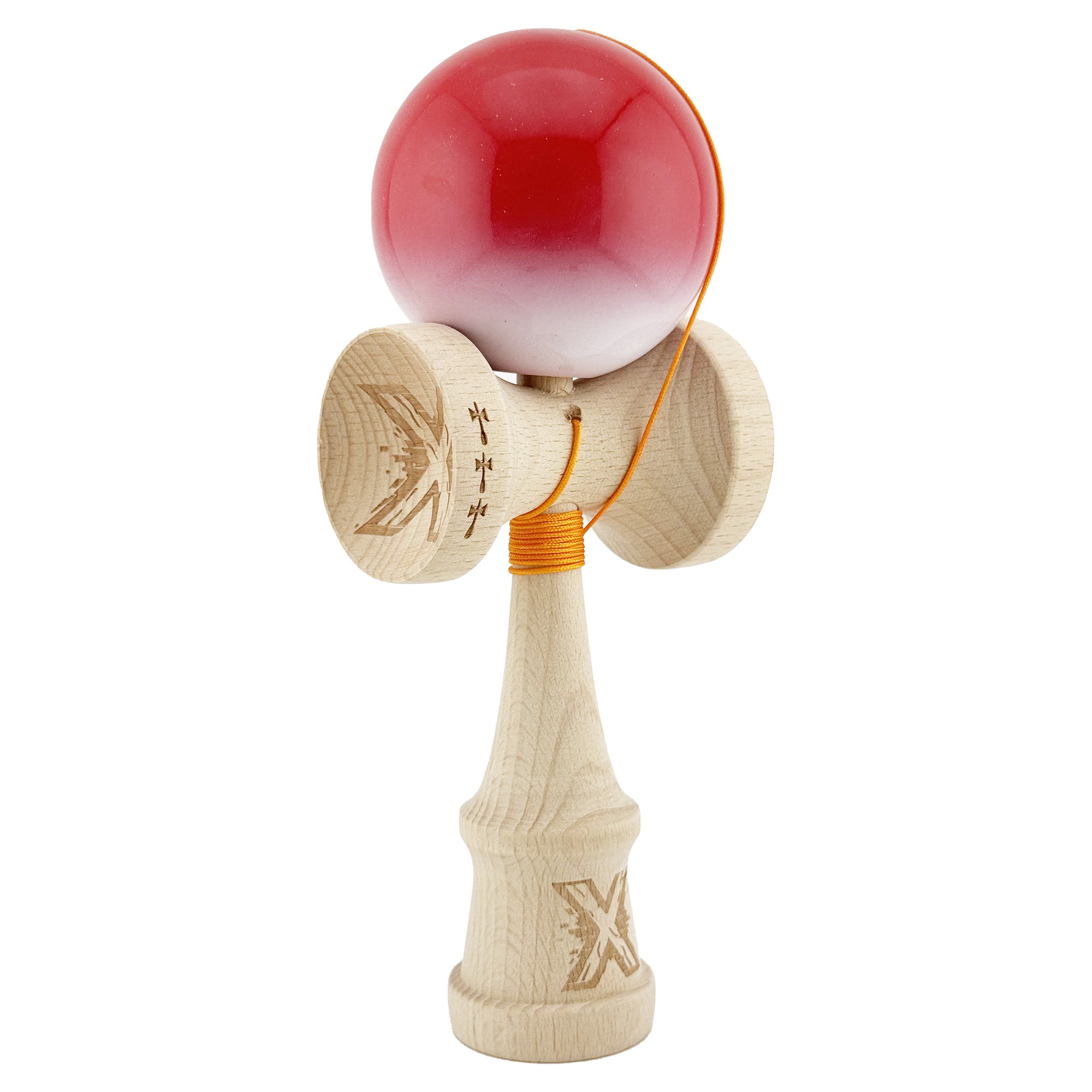 Kendama X Originala, Profesionala, Flippy, Big Cups V2, Super Sticky cu Cupe Mari, din lemn 18 cm, Rulment Metalic cu Ata 55 cm, Gradient Rosu/Alb