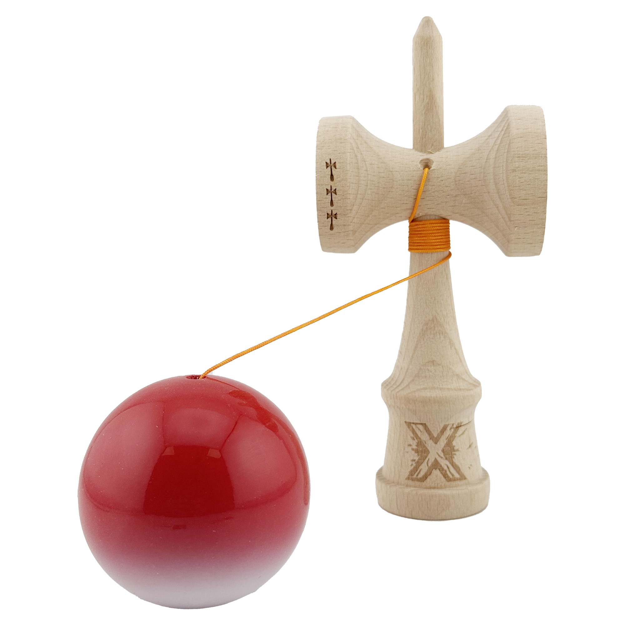 Kendama X Originala, Profesionala, Flippy, Big Cups V2, Super Sticky cu Cupe Mari, din lemn 18 cm, Rulment Metalic cu Ata 55 cm, Gradient Rosu/Alb