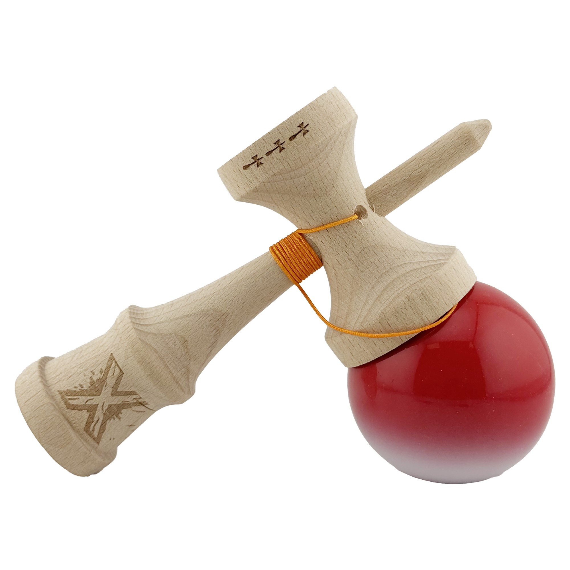 Kendama X Originala, Profesionala, Flippy, Big Cups V2, Super Sticky cu Cupe Mari, din lemn 18 cm, Rulment Metalic cu Ata 55 cm, Gradient Rosu/Alb