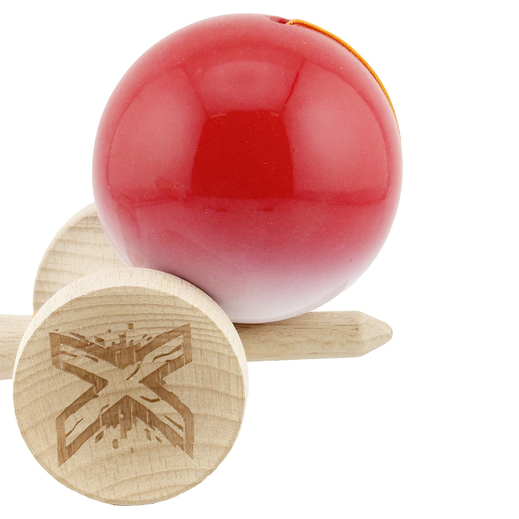 Kendama X Originala, Profesionala, Flippy, Big Cups V2, Super Sticky cu Cupe Mari, din lemn 18 cm, Rulment Metalic cu Ata 55 cm, Gradient Rosu/Alb