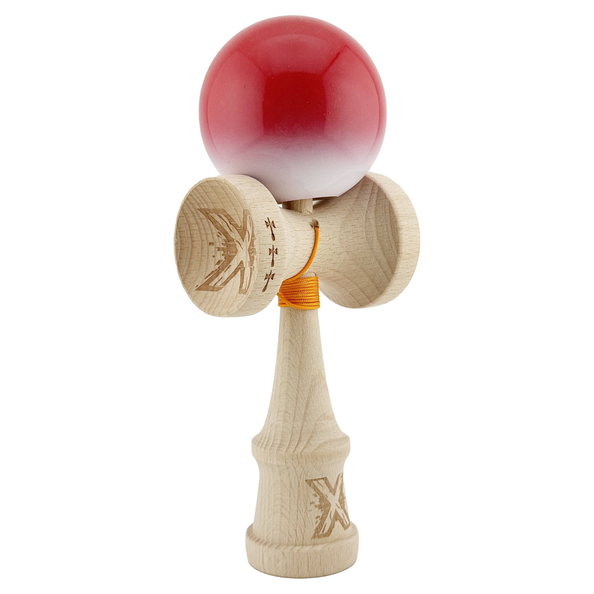 Kendama X Originala, Profesionala, Flippy, Big Cups V2, Super Sticky cu Cupe Mari, din lemn 18 cm, Rulment Metalic cu Ata 55 cm, Gradient Rosu/Alb