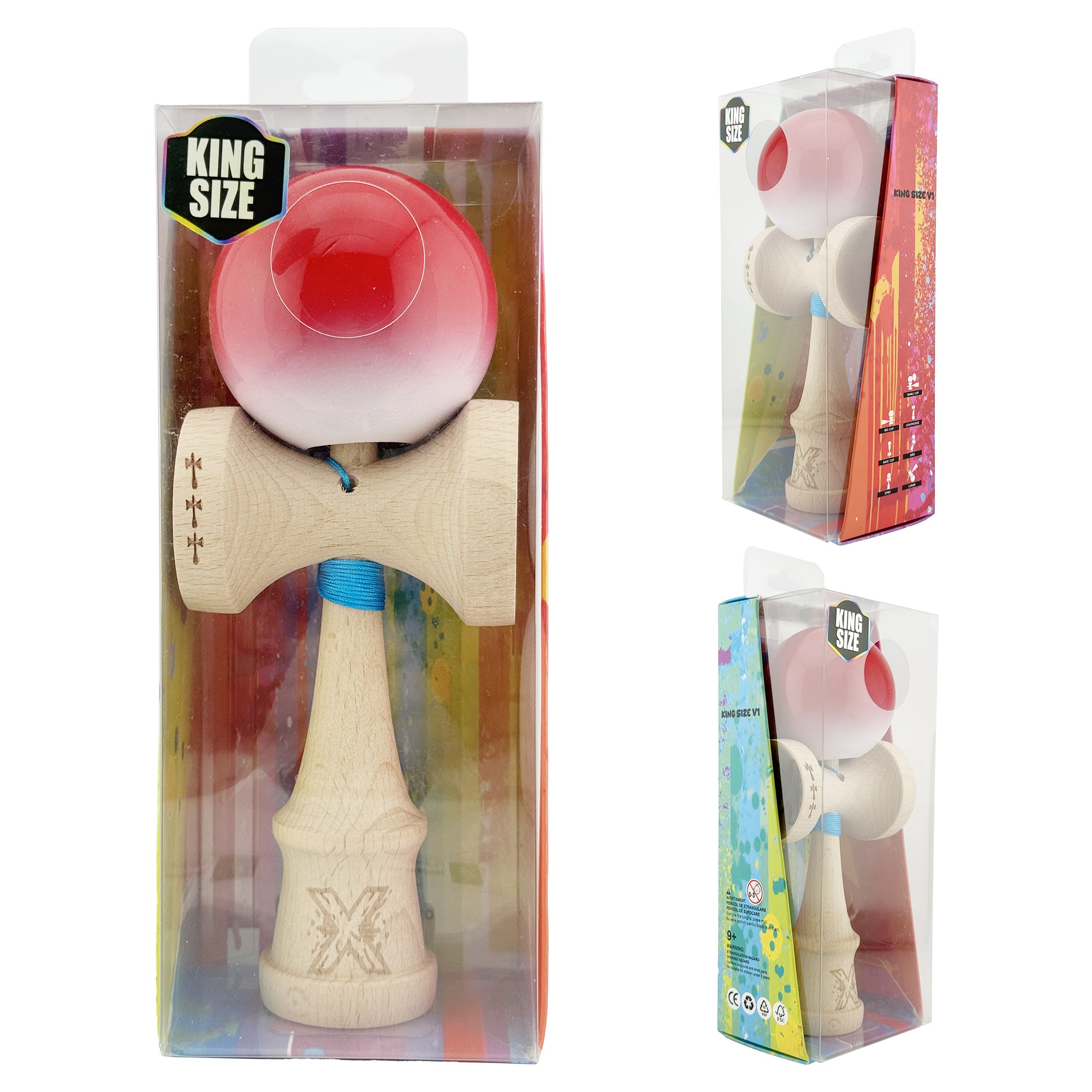 Kendama X Originala, Profesionala, Flippy, Big Cups V2, Super Sticky cu Cupe Mari, din lemn 18 cm, Rulment Metalic cu Ata 55 cm, Gradient Rosu/Alb