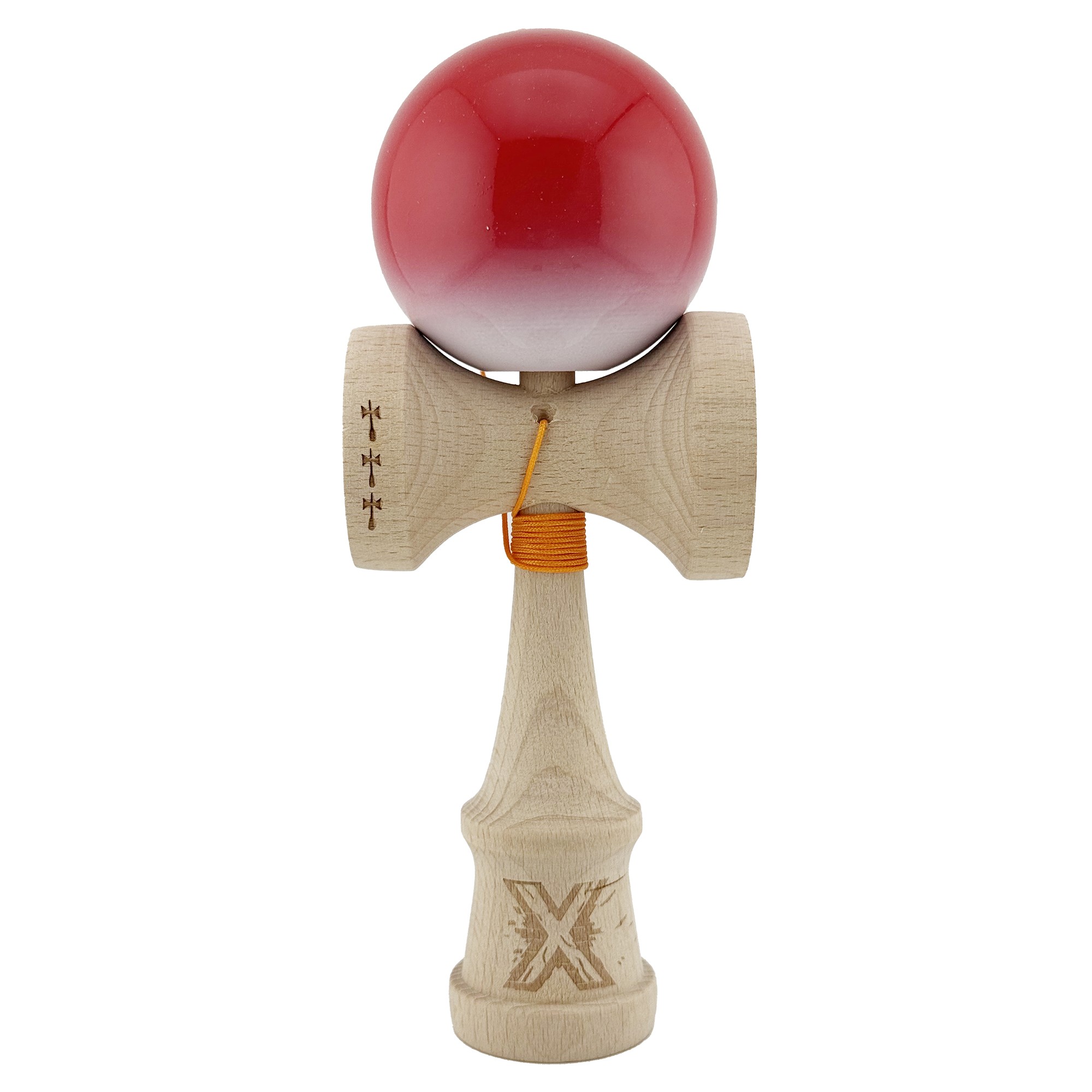 Kendama X Originala, Profesionala, Flippy, Big Cups V2, Super Sticky cu Cupe Mari, din lemn 18 cm, Rulment Metalic cu Ata 55 cm, Gradient Rosu/Alb