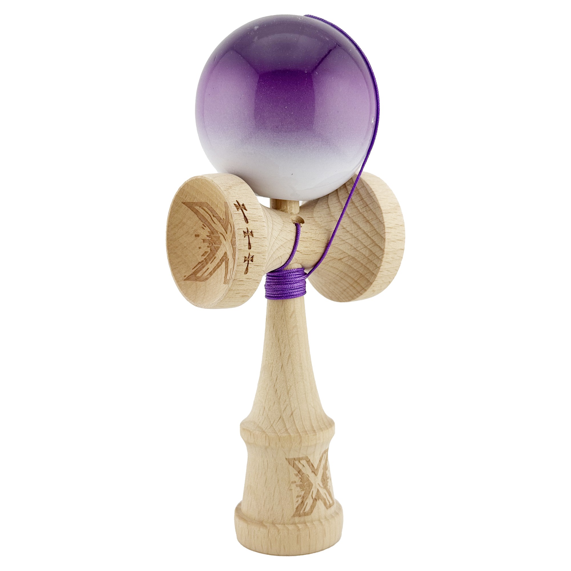 Kendama X Originala, Profesionala, Flippy, Big Cups V2, Super Sticky cu Cupe Mari, din lemn 18 cm, Rulment Metalic cu Ata 55 cm, Mov/Alb
