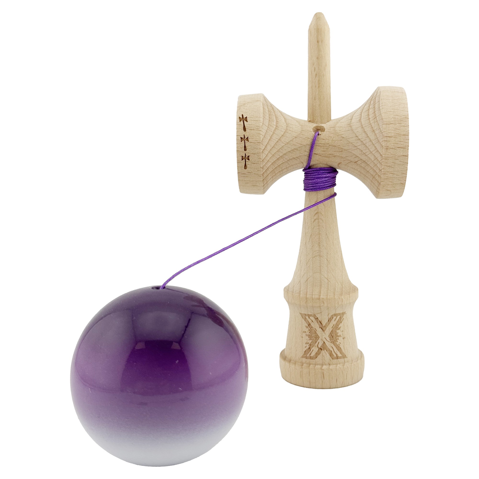 Kendama X Originala, Profesionala, Flippy, Big Cups V2, Super Sticky cu Cupe Mari, din lemn 18 cm, Rulment Metalic cu Ata 55 cm, Mov/Alb