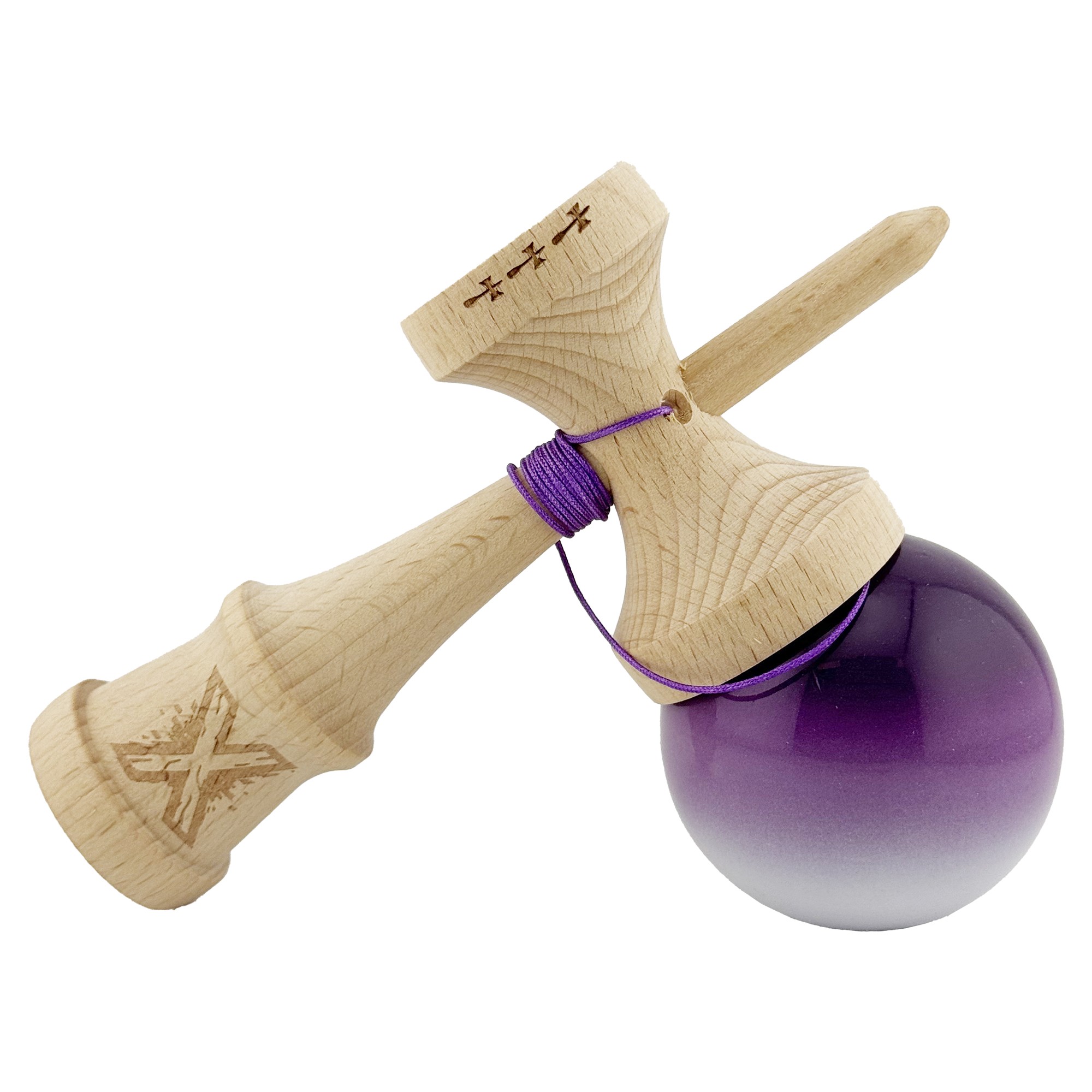 Kendama X Originala, Profesionala, Flippy, Big Cups V2, Super Sticky cu Cupe Mari, din lemn 18 cm, Rulment Metalic cu Ata 55 cm, Mov/Alb