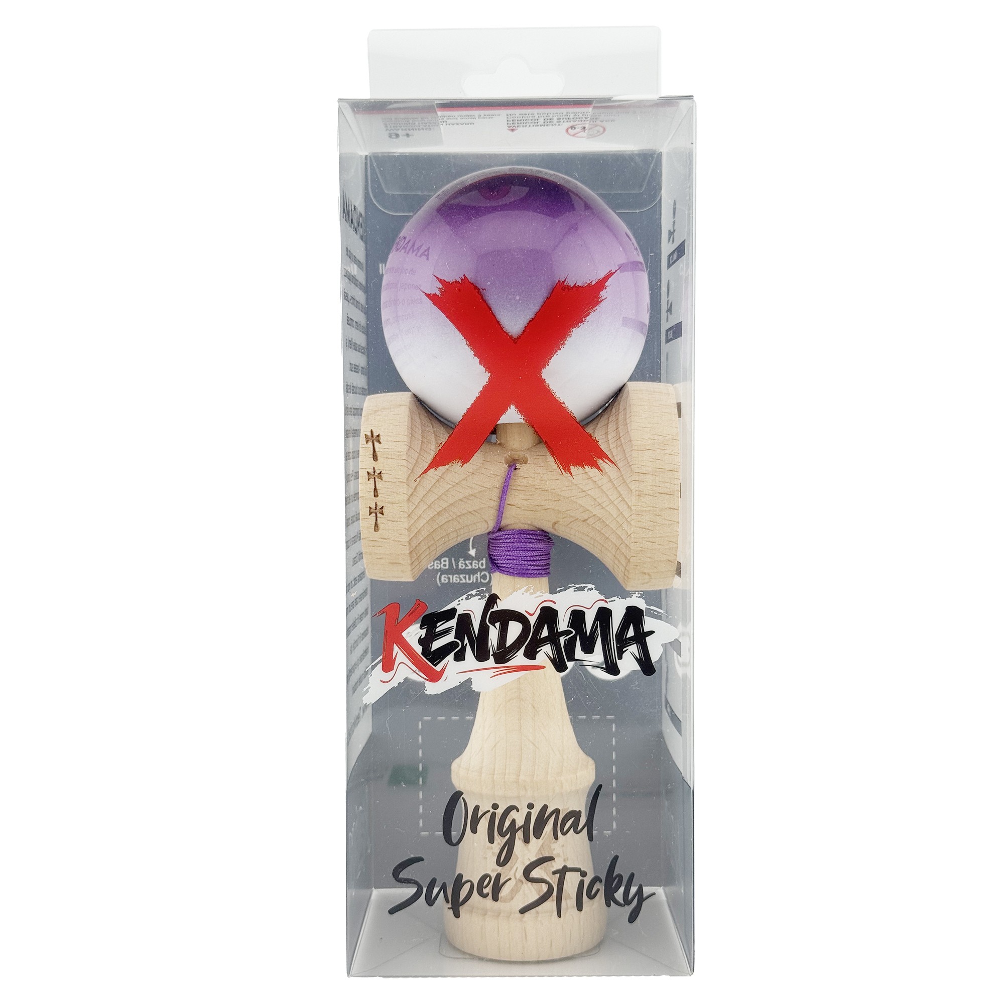 Kendama X Originala, Profesionala, Flippy, Big Cups V2, Super Sticky cu Cupe Mari, din lemn 18 cm, Rulment Metalic cu Ata 55 cm, Mov/Alb