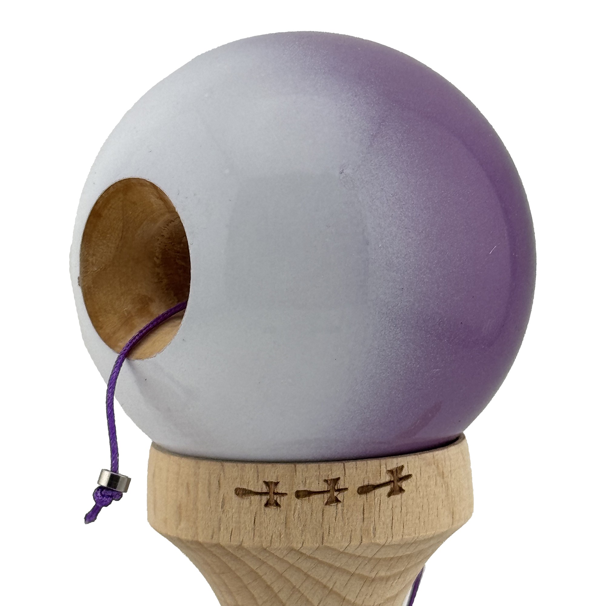 Kendama X Originala, Profesionala, Flippy, Big Cups V2, Super Sticky cu Cupe Mari, din lemn 18 cm, Rulment Metalic cu Ata 55 cm, Mov/Alb