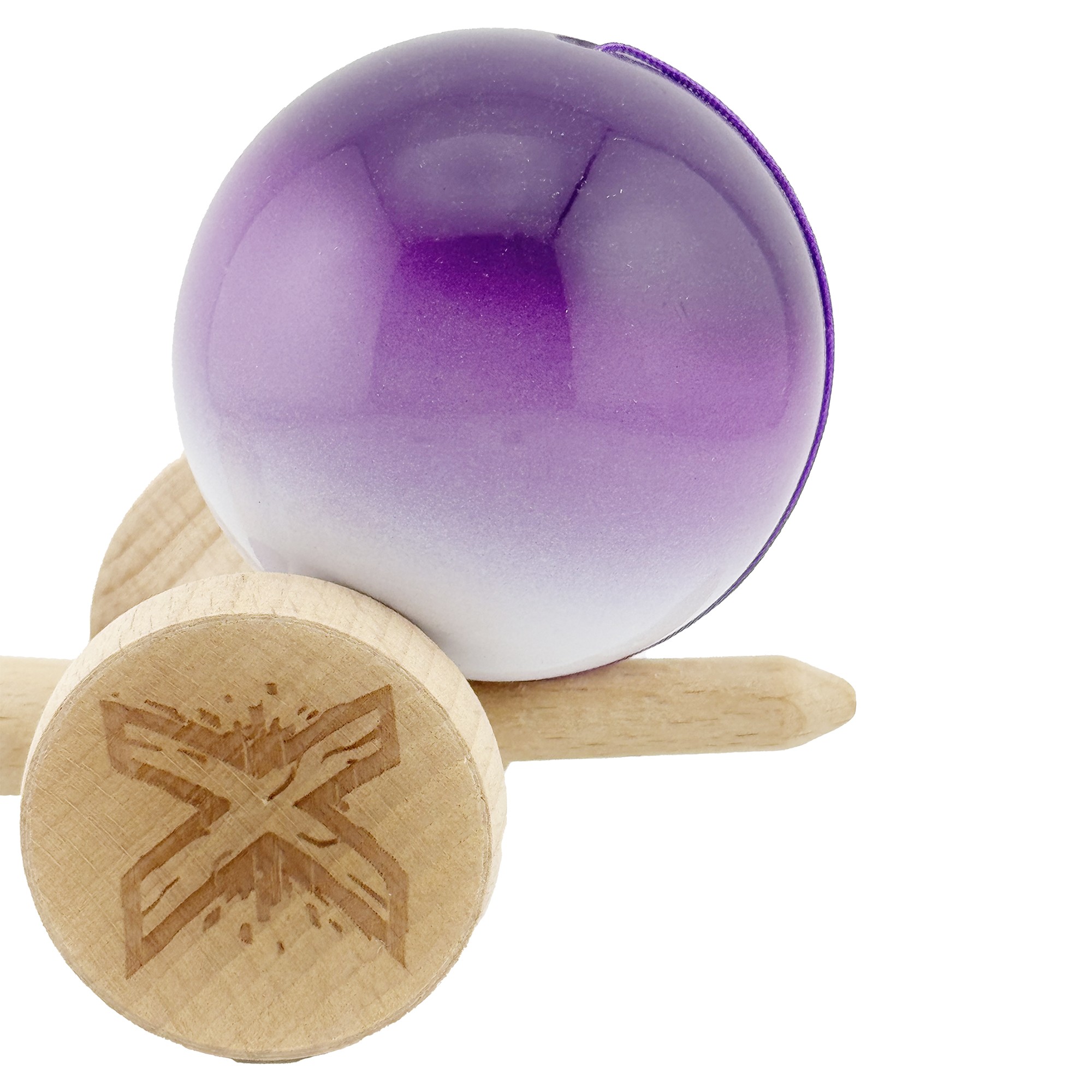 Kendama X Originala, Profesionala, Flippy, Big Cups V2, Super Sticky cu Cupe Mari, din lemn 18 cm, Rulment Metalic cu Ata 55 cm, Mov/Alb