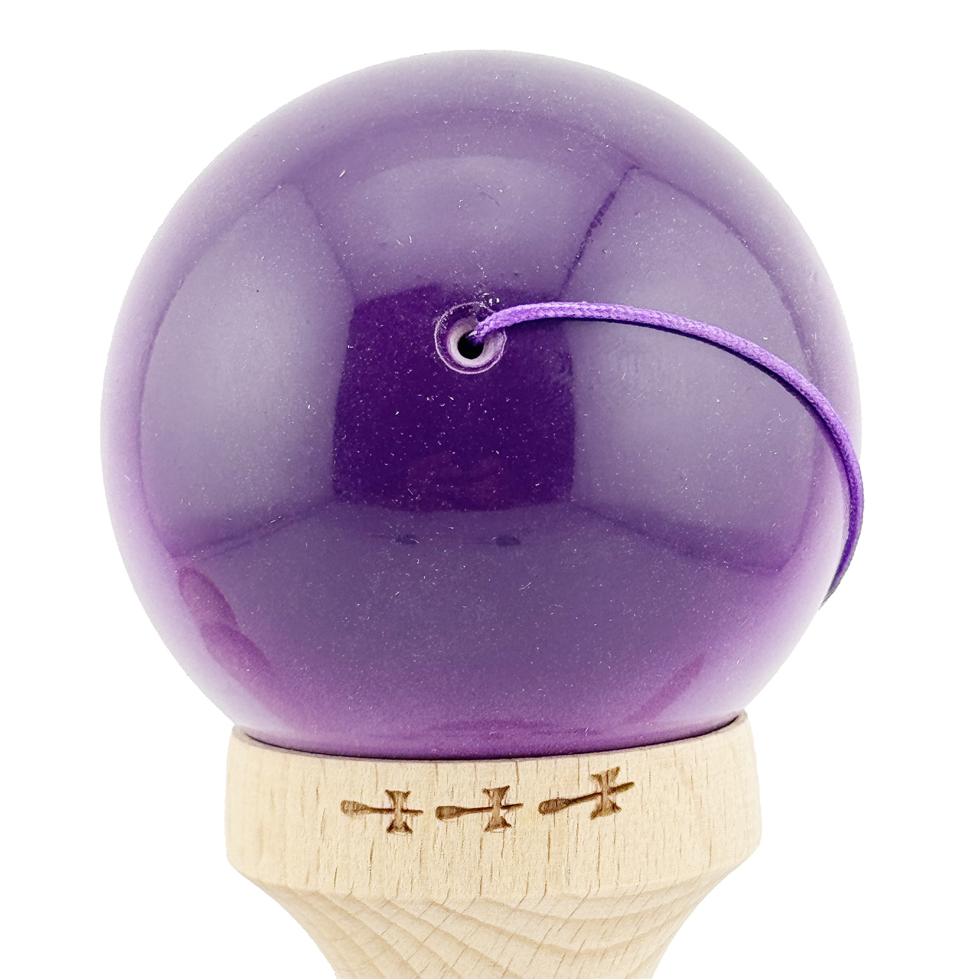 Kendama X Originala, Profesionala, Flippy, Big Cups V2, Super Sticky cu Cupe Mari, din lemn 18 cm, Rulment Metalic cu Ata 55 cm, Mov/Alb