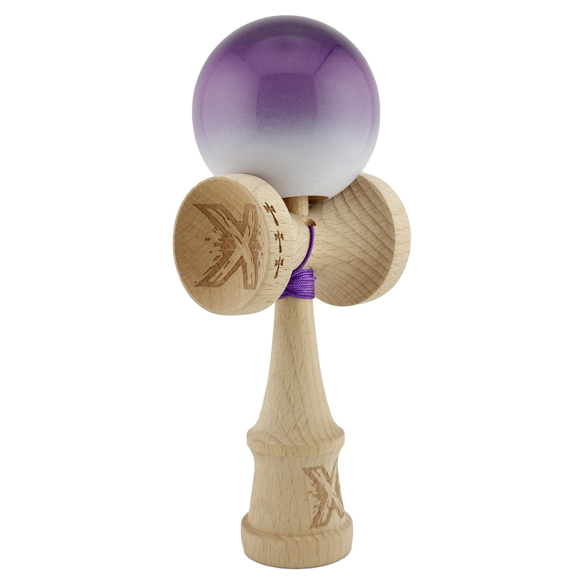 Kendama X Originala, Profesionala, Flippy, Big Cups V2, Super Sticky cu Cupe Mari, din lemn 18 cm, Rulment Metalic cu Ata 55 cm, Mov/Alb