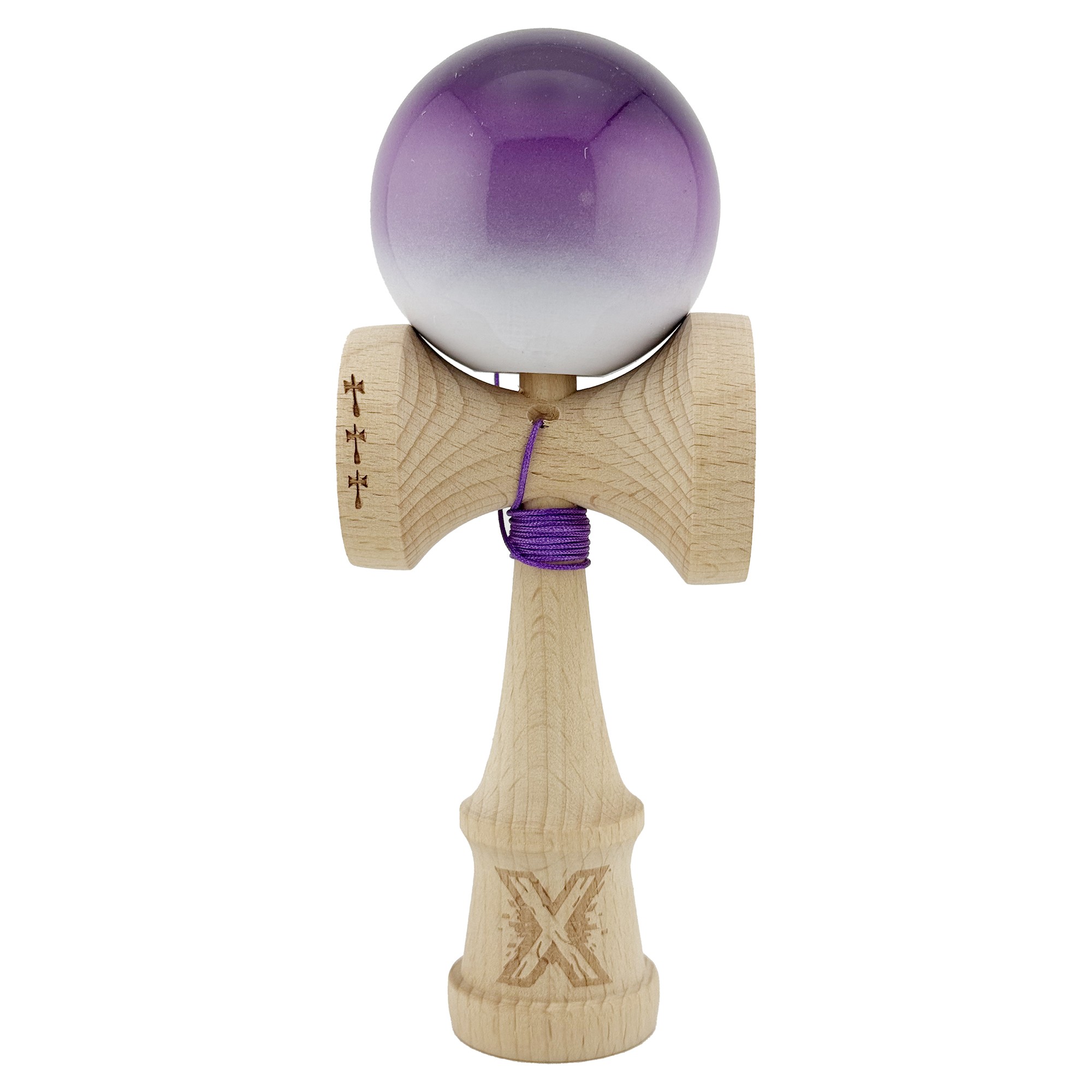 Kendama X Originala, Profesionala, Flippy, Big Cups V2, Super Sticky cu Cupe Mari, din lemn 18 cm, Rulment Metalic cu Ata 55 cm, Mov/Alb