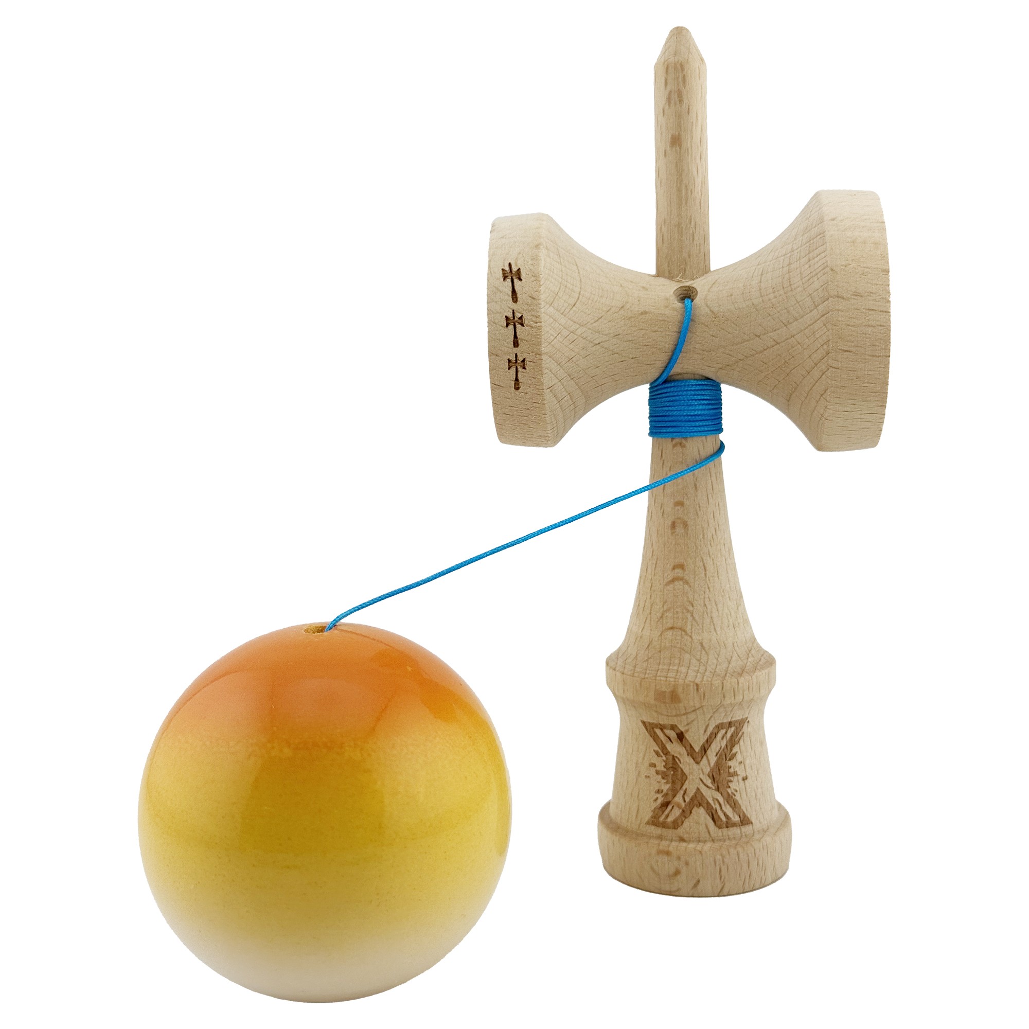 Kendama X Originala, Profesionala, Flippy, Big Cups V2, Super Sticky cu Cupe Mari, din lemn 18 cm, Rulment Metalic cu Ata 55 cm, Portocaliu/Galben/Alb