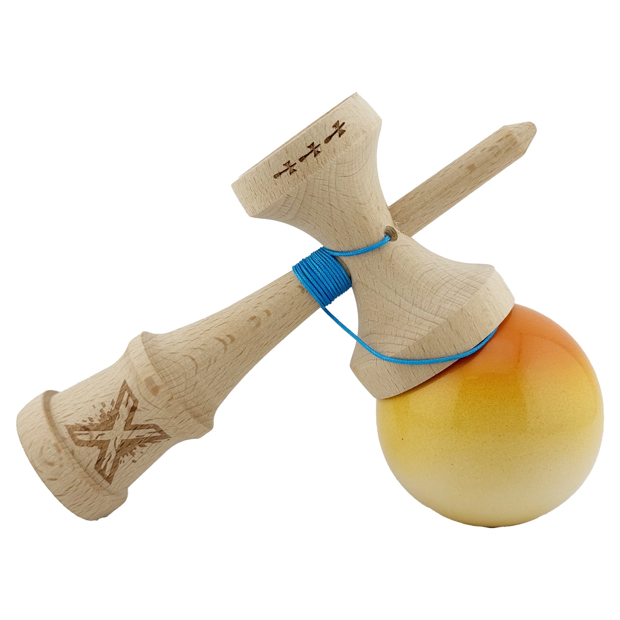 Kendama X Originala, Profesionala, Flippy, Big Cups V2, Super Sticky cu Cupe Mari, din lemn 18 cm, Rulment Metalic cu Ata 55 cm, Portocaliu/Galben/Alb