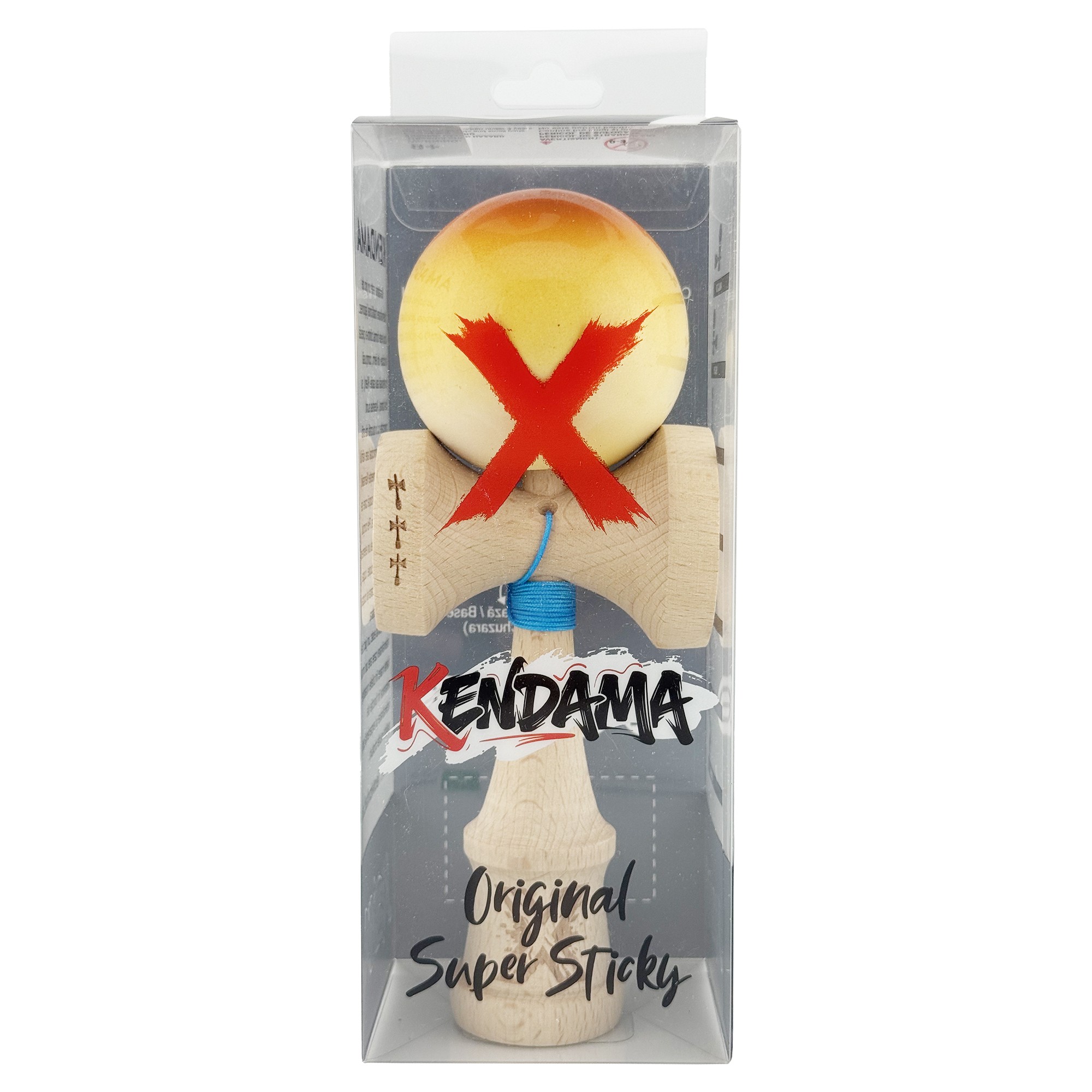 Kendama X Originala, Profesionala, Flippy, Big Cups V2, Super Sticky cu Cupe Mari, din lemn 18 cm, Rulment Metalic cu Ata 55 cm, Portocaliu/Galben/Alb