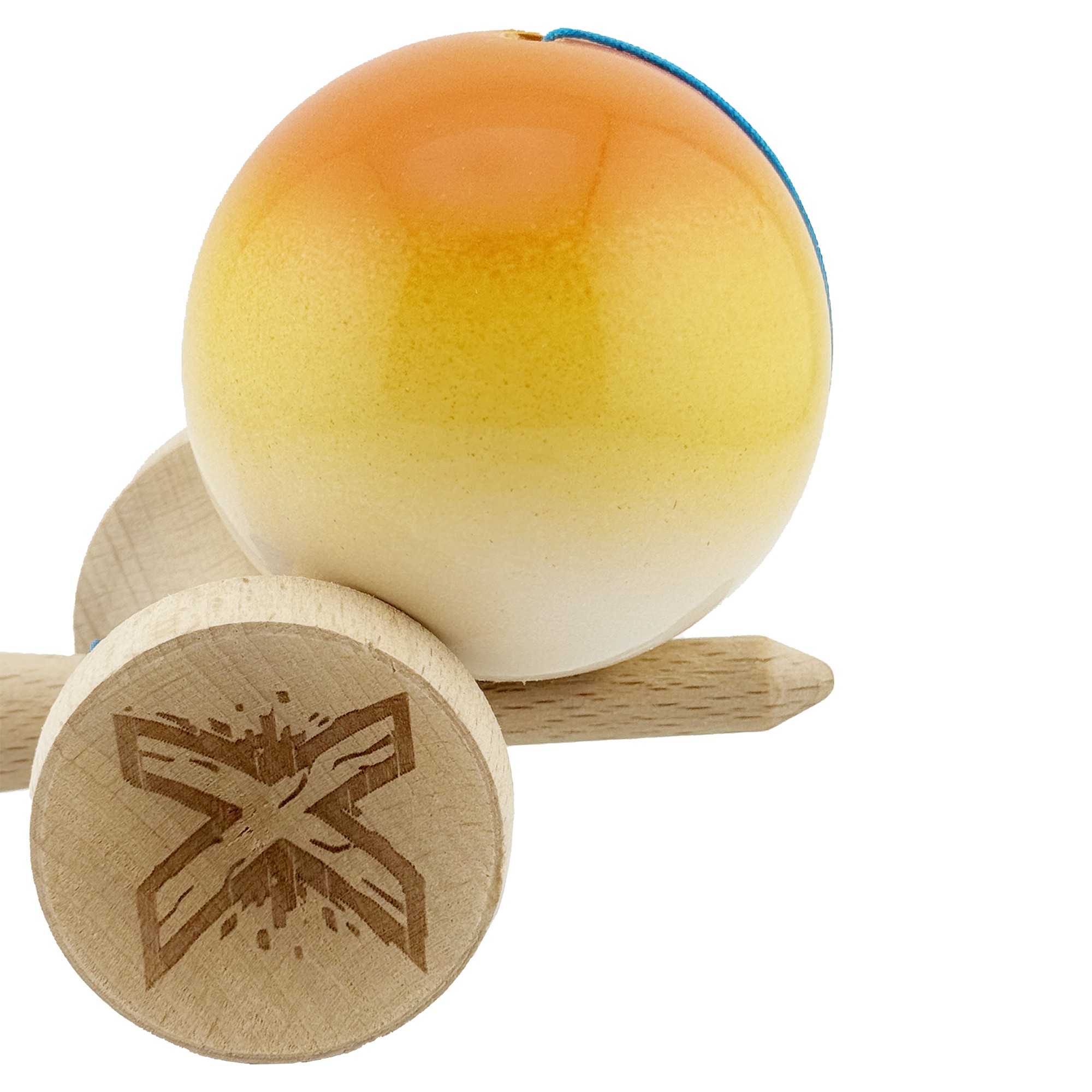 Kendama X Originala, Profesionala, Flippy, Big Cups V2, Super Sticky cu Cupe Mari, din lemn 18 cm, Rulment Metalic cu Ata 55 cm, Portocaliu/Galben/Alb