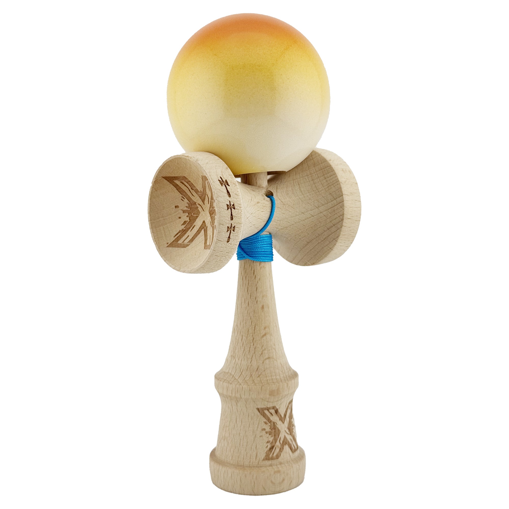 Kendama X Originala, Profesionala, Flippy, Big Cups V2, Super Sticky cu Cupe Mari, din lemn 18 cm, Rulment Metalic cu Ata 55 cm, Portocaliu/Galben/Alb
