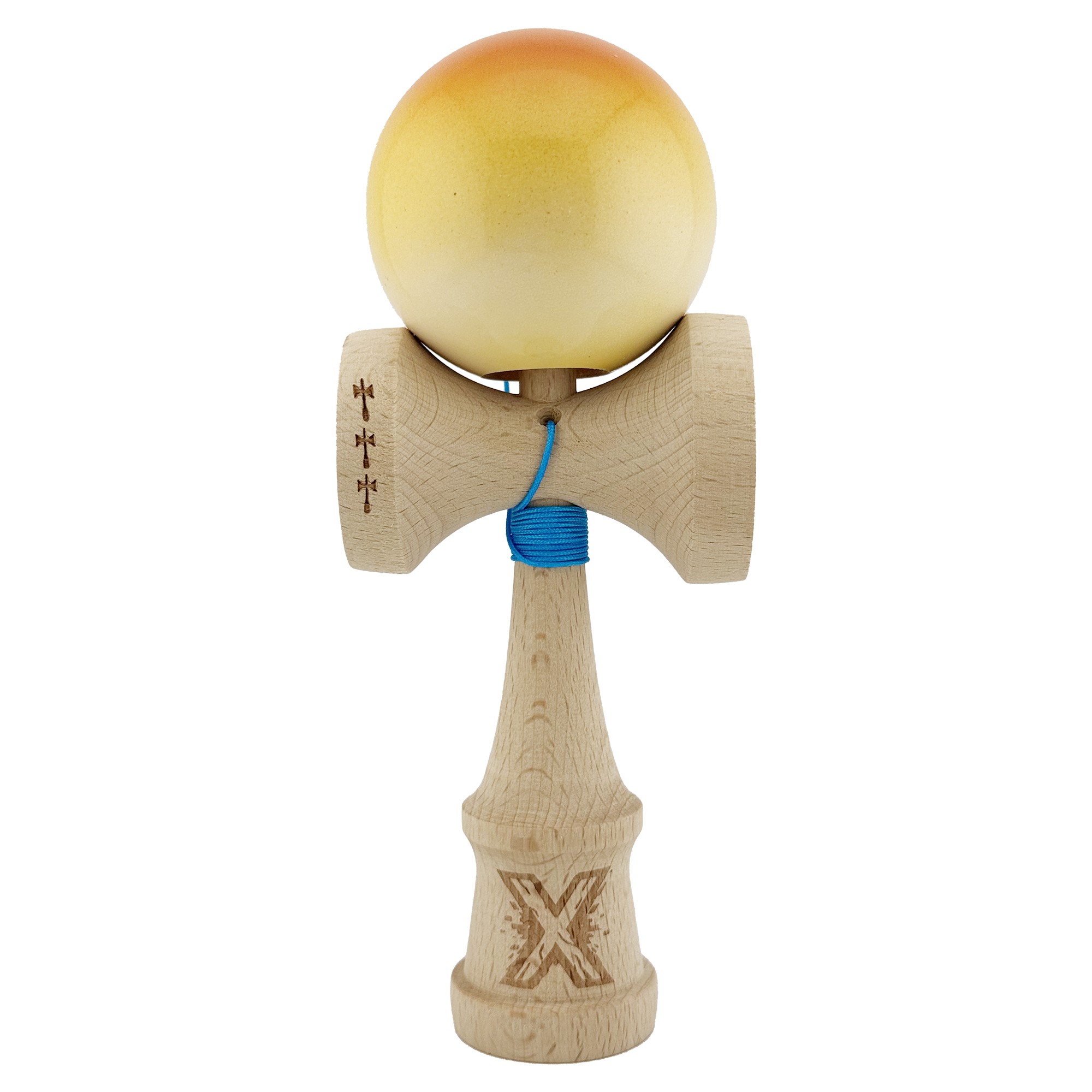Kendama X Originala, Profesionala, Flippy, Big Cups V2, Super Sticky cu Cupe Mari, din lemn 18 cm, Rulment Metalic cu Ata 55 cm, Portocaliu/Galben/Alb
