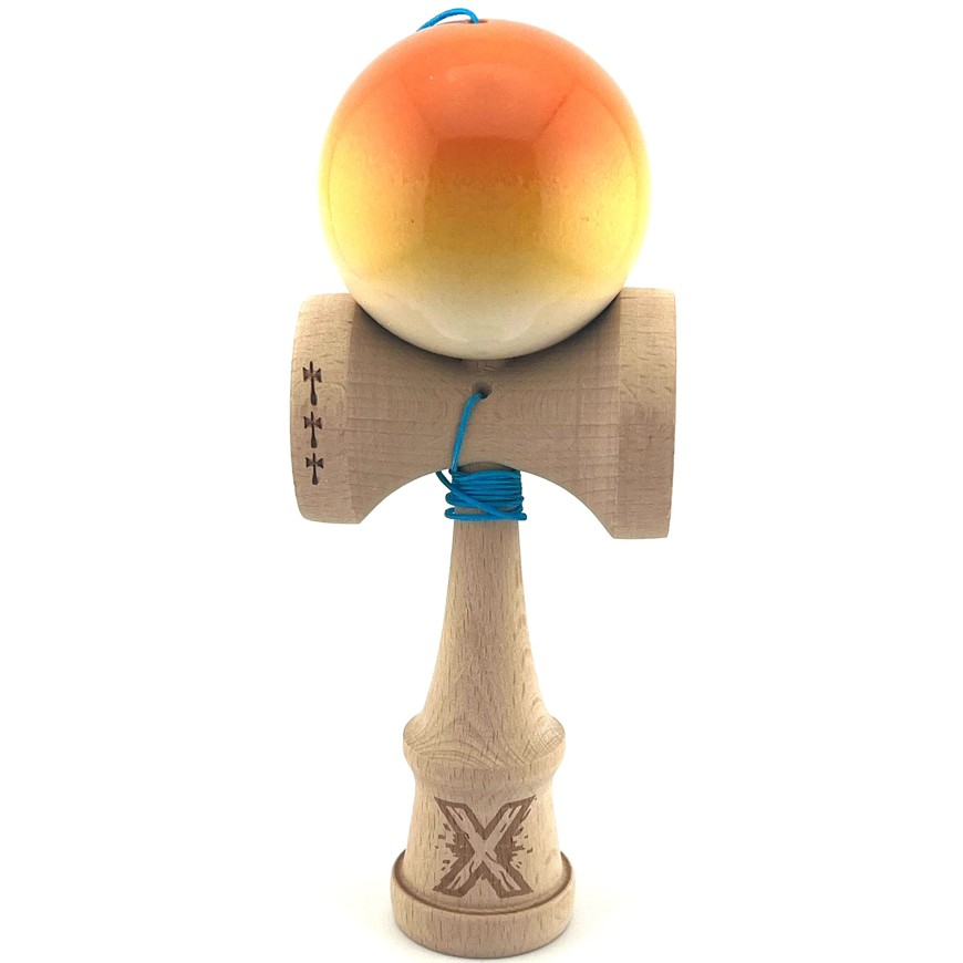 Kendama X Originala, Profesionala, Flippy, Big Cups V2, Super Sticky cu Cupe Mari, din lemn 18 cm, Rulment Metalic cu Ata 55 cm, Portocaliu/Galben/Alb