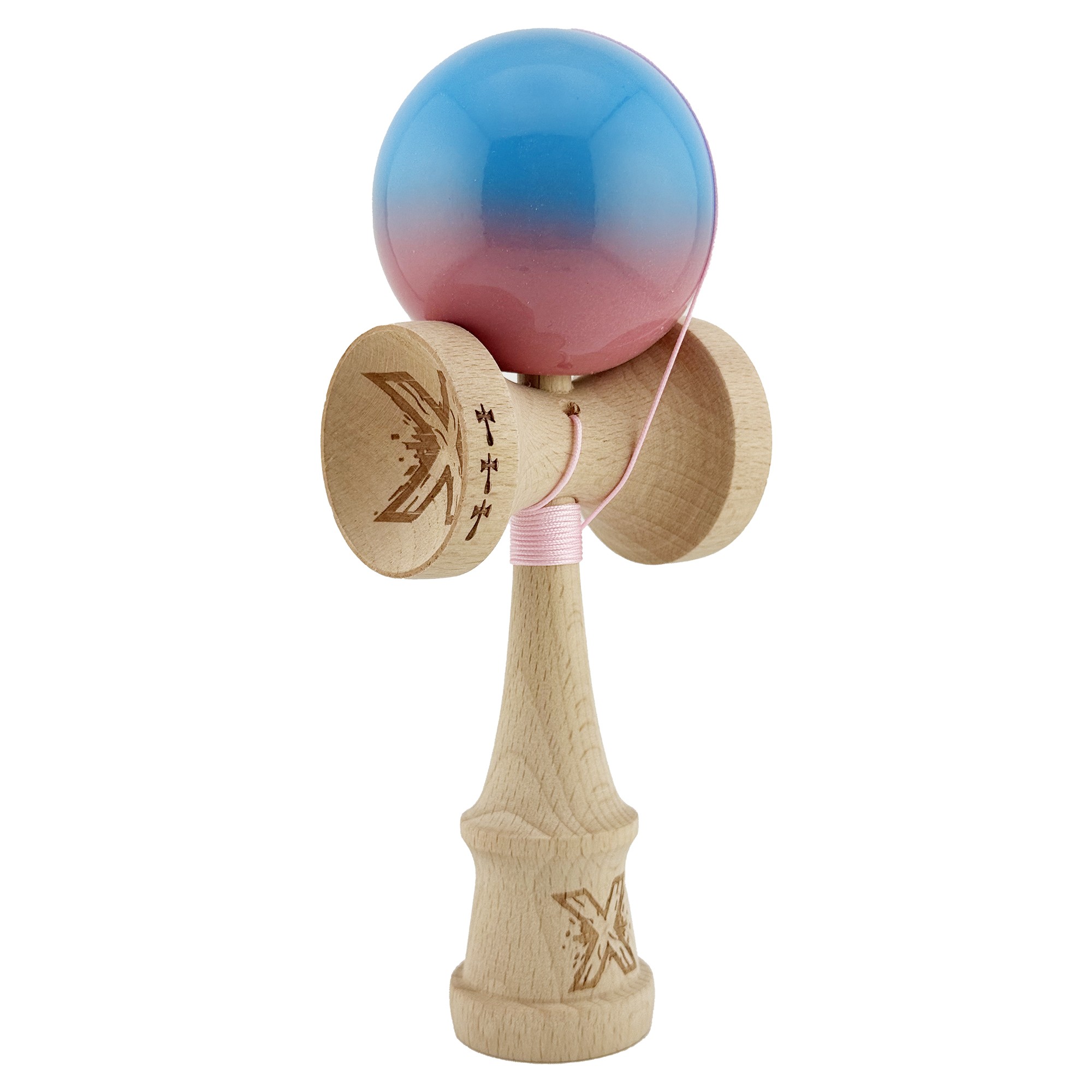 Kendama X Originala, Profesionala, Flippy, Big Cups V2, Super Sticky cu Cupe Mari, din lemn 18 cm, Rulment Metalic cu Ata 55 cm, Albastru/Roz