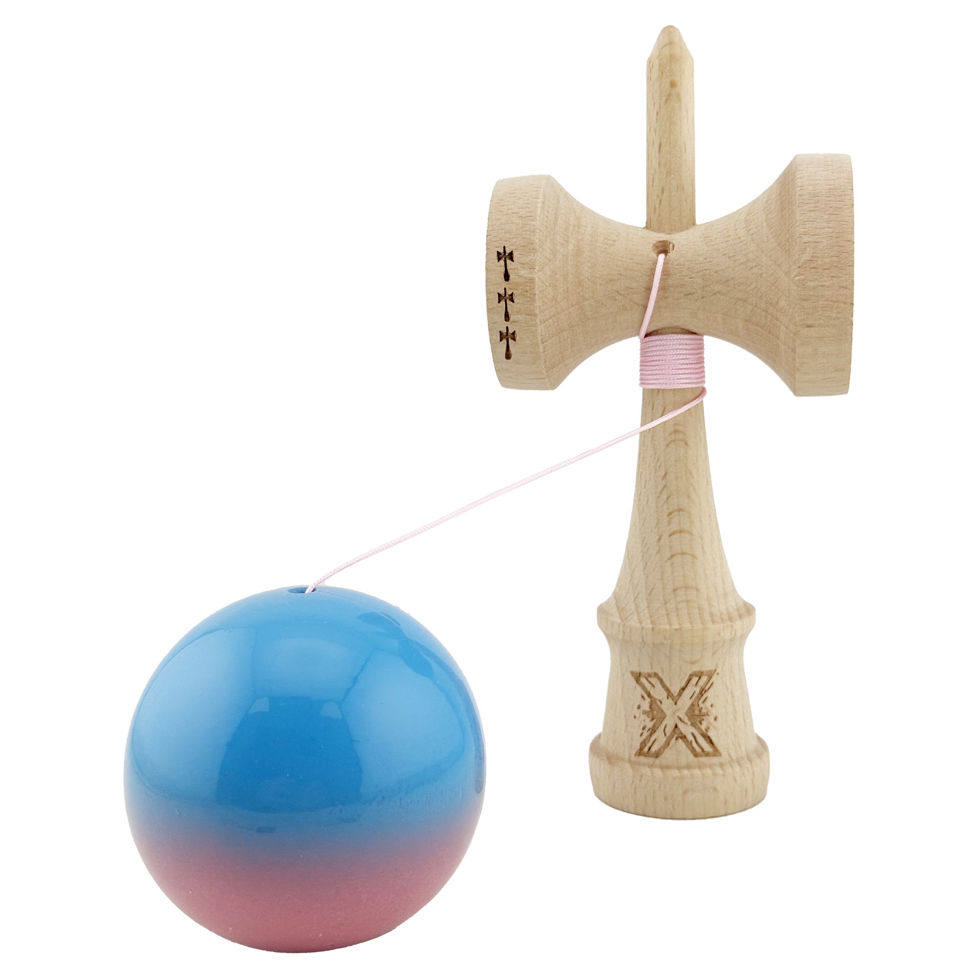 Kendama X Originala, Profesionala, Flippy, Big Cups V2, Super Sticky cu Cupe Mari, din lemn 18 cm, Rulment Metalic cu Ata 55 cm, Albastru/Roz