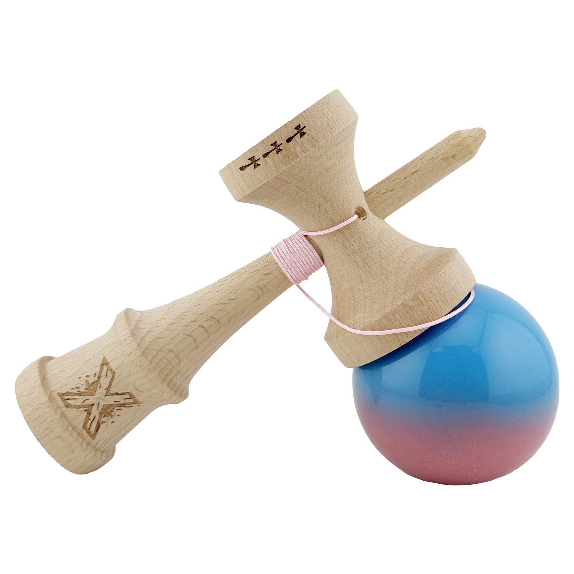 Kendama X Originala, Profesionala, Flippy, Big Cups V2, Super Sticky cu Cupe Mari, din lemn 18 cm, Rulment Metalic cu Ata 55 cm, Albastru/Roz