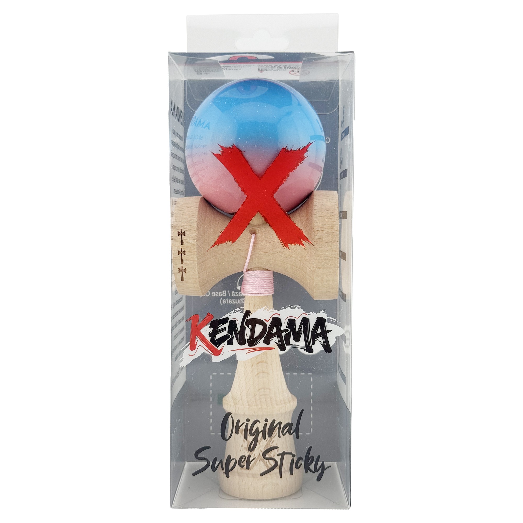 Kendama X Originala, Profesionala, Flippy, Big Cups V2, Super Sticky cu Cupe Mari, din lemn 18 cm, Rulment Metalic cu Ata 55 cm, Albastru/Roz