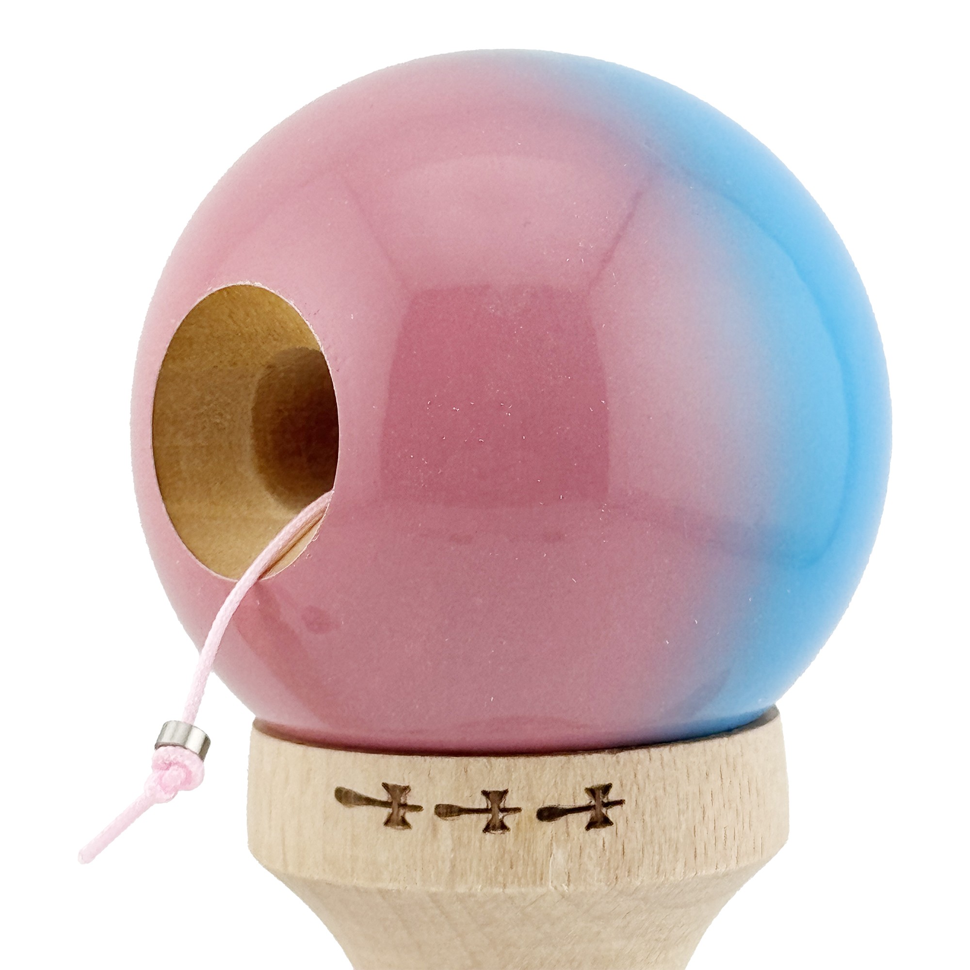 Kendama X Originala, Profesionala, Flippy, Big Cups V2, Super Sticky cu Cupe Mari, din lemn 18 cm, Rulment Metalic cu Ata 55 cm, Albastru/Roz