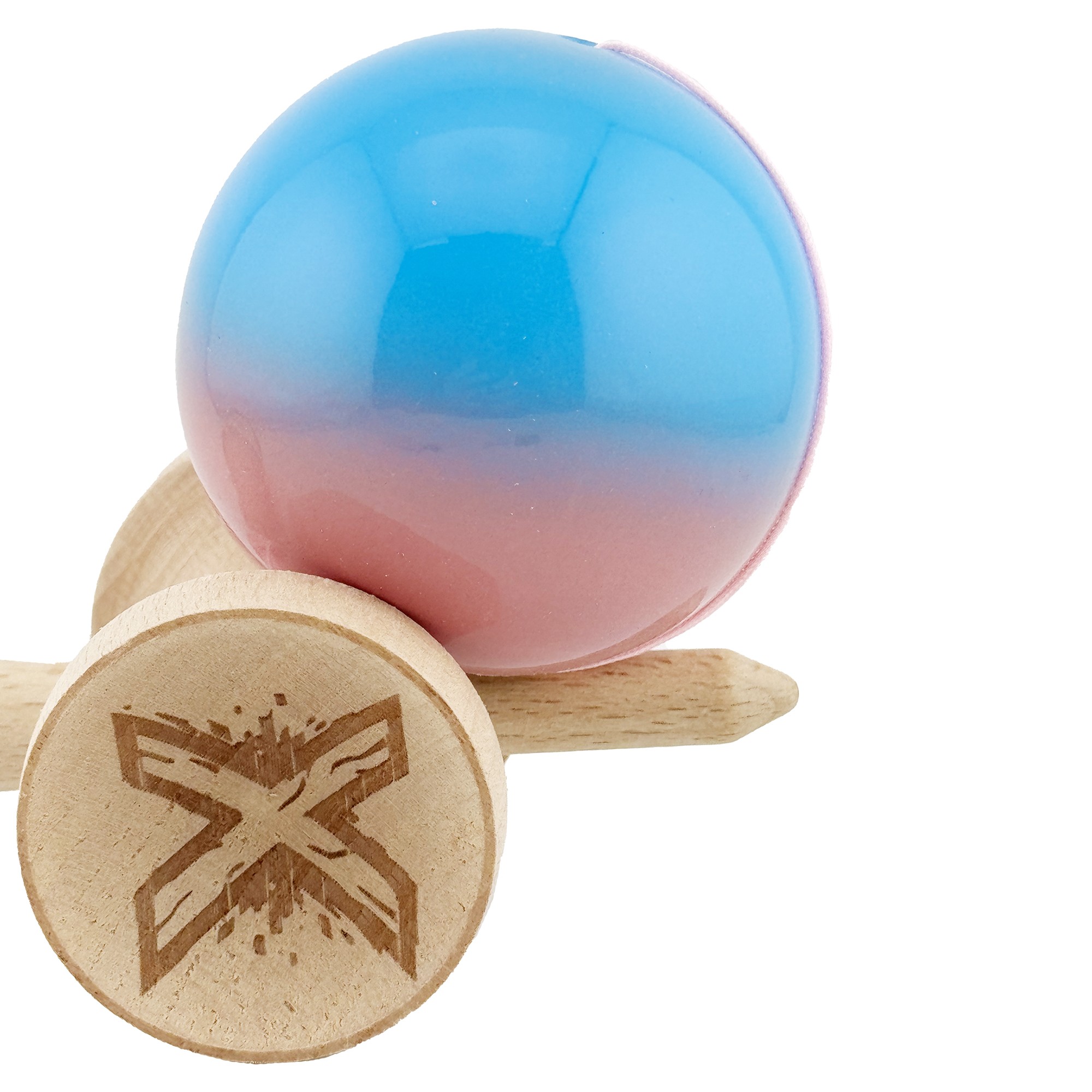 Kendama X Originala, Profesionala, Flippy, Big Cups V2, Super Sticky cu Cupe Mari, din lemn 18 cm, Rulment Metalic cu Ata 55 cm, Albastru/Roz