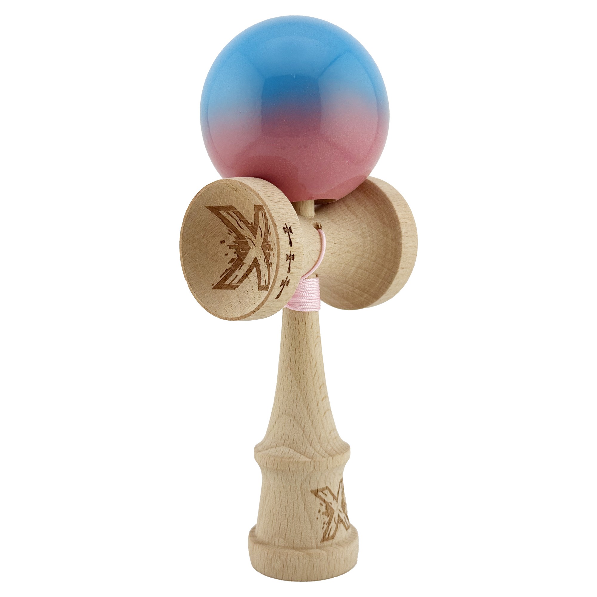 Kendama X Originala, Profesionala, Flippy, Big Cups V2, Super Sticky cu Cupe Mari, din lemn 18 cm, Rulment Metalic cu Ata 55 cm, Albastru/Roz