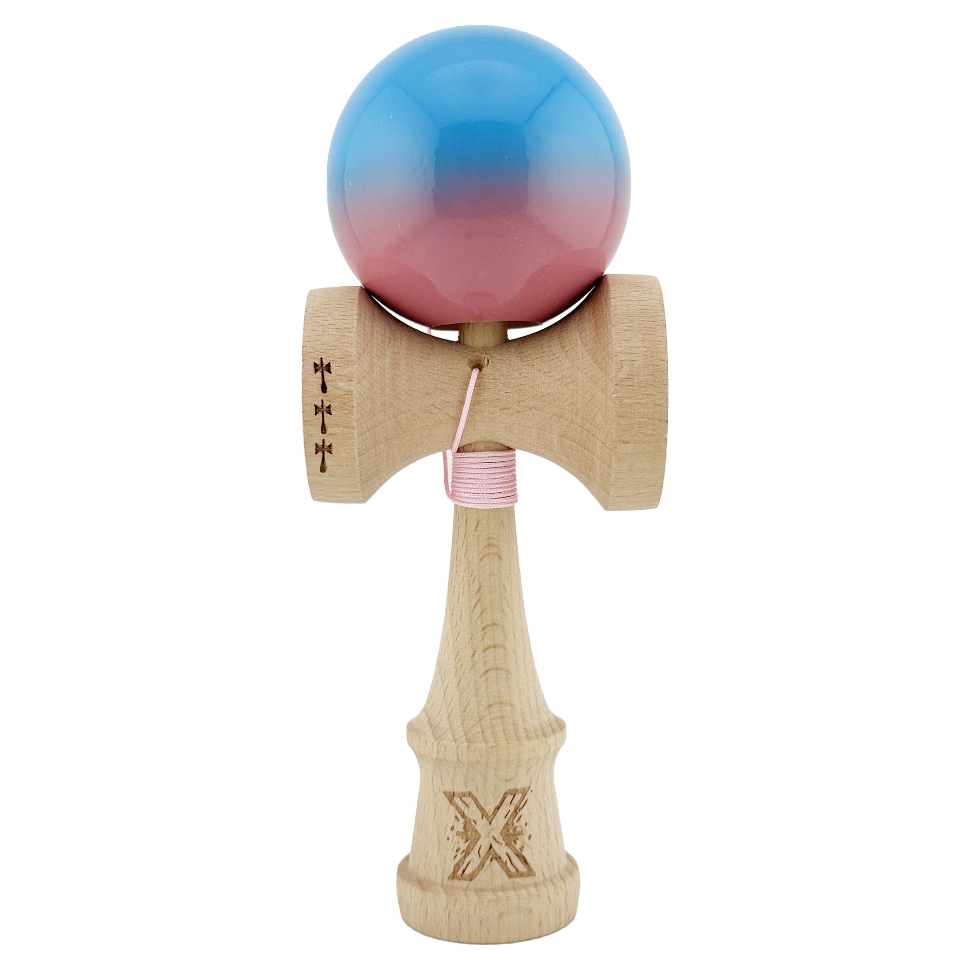 Kendama X Originala, Profesionala, Flippy, Big Cups V2, Super Sticky cu Cupe Mari, din lemn 18 cm, Rulment Metalic cu Ata 55 cm, Albastru/Roz