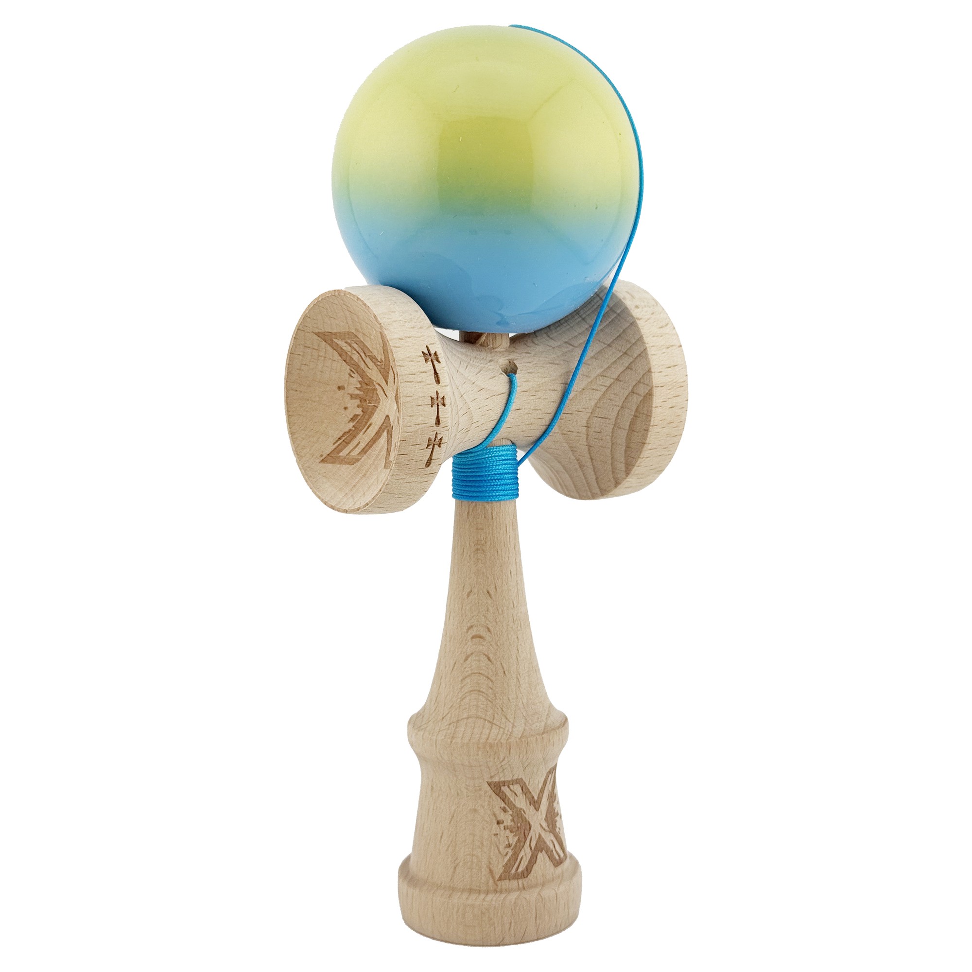 Kendama X Originala, Profesionala, Flippy, Big Cups V2, Super Sticky cu Cupe Mari, din lemn 18 cm, Rulment Metalic cu Ata 55 cm, Galben/Albastru