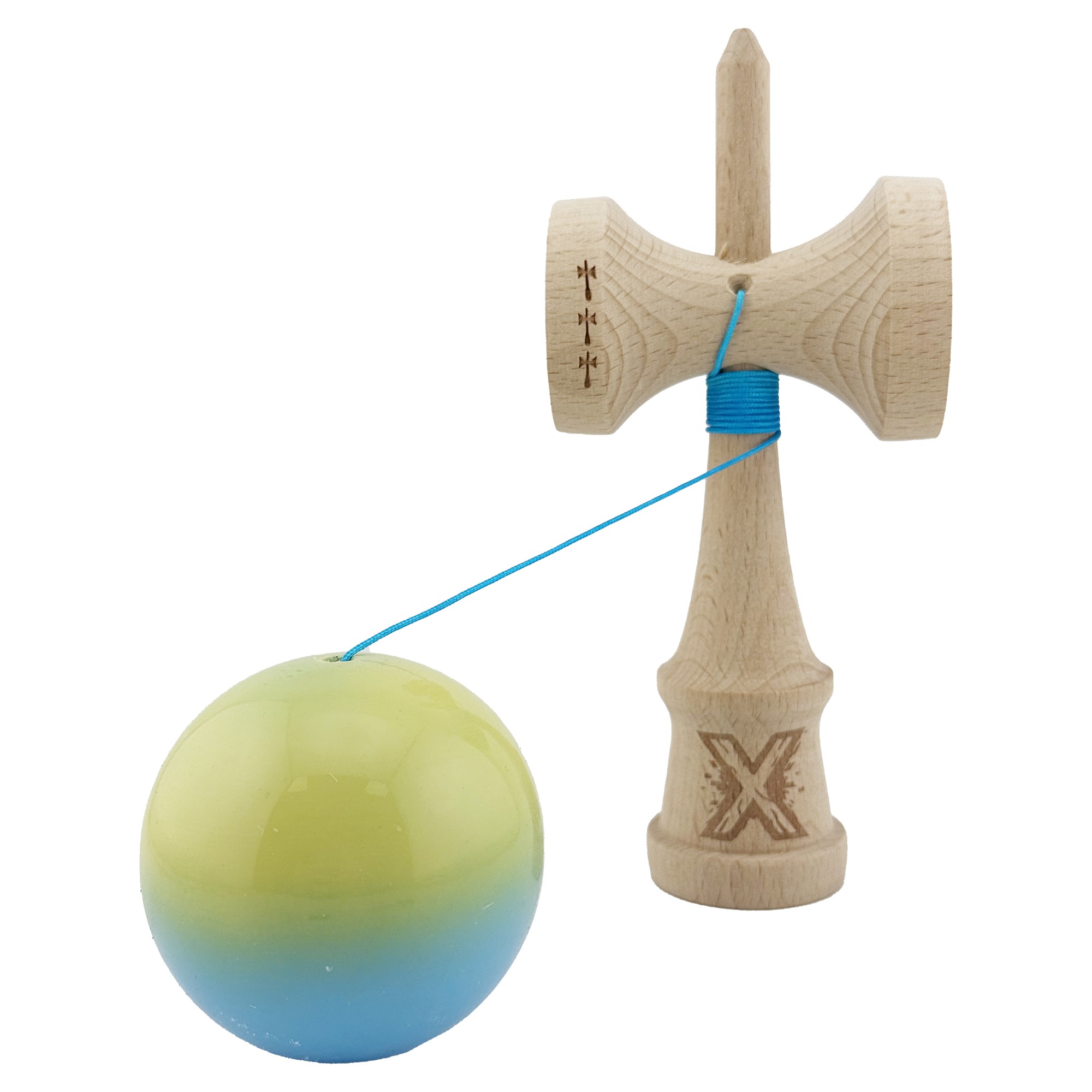 Kendama X Originala, Profesionala, Flippy, Big Cups V2, Super Sticky cu Cupe Mari, din lemn 18 cm, Rulment Metalic cu Ata 55 cm, Galben/Albastru